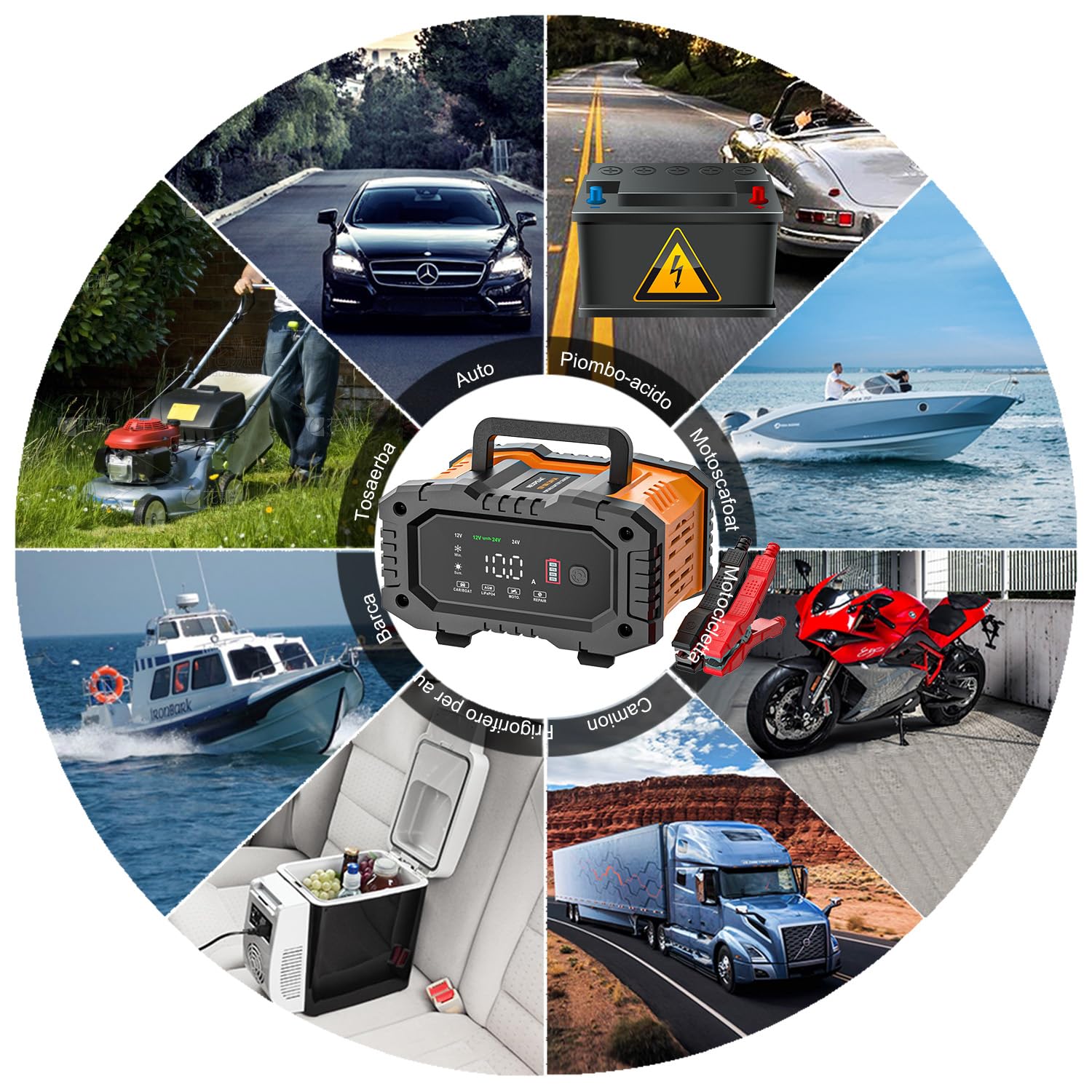 Caricabatterie Intelligente 10A, Caricabatterie per Auto LiFePO4 12V 24V, Mantenitore Automatico della Batteria con Compensazione della Temperatura per Auto Moto Camion, AGM, Gel, Bagnato, SLA