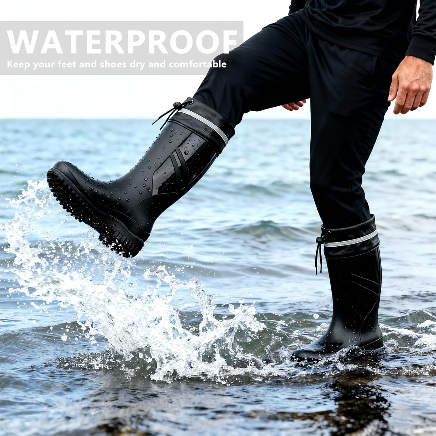 Men's Mid Calf Rain Boots Waterproof Slip Resistant PVC Strap for Outdoor Work Fishing Gardening