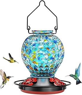 Hummingbird Feeder, Glass Hummingbird Feeder for Outdoors, Vibrant Colors Attract Hummingbirds, 18 Ounces, Diamond Ball Sh...