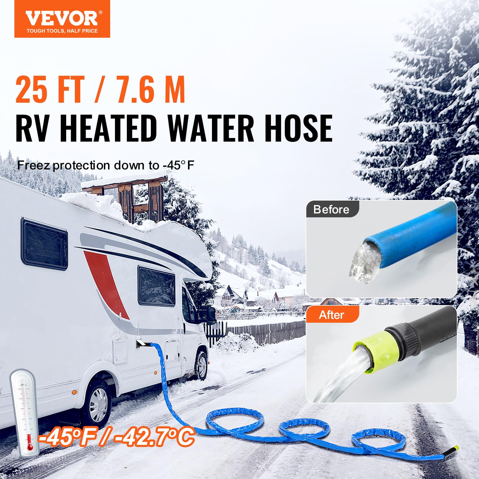 VEVOR Tuyau d'Eau Chauffant pour Camping-car 7,6 m, Tuyau d'Eau Potable Antigel jusqu'à -42,7 ℃, avec Couvercle Ondulé, Autorégulation Automatique, Diamètre Intérieur de 16 mm, sans Plomb ni BPA