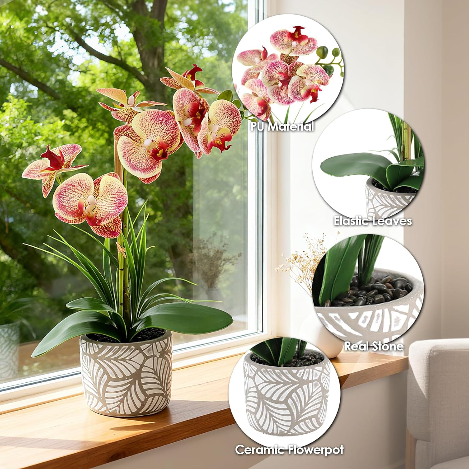 Artificial Orchid Flower Plant, 14.9'' Real Touch Artificial Orchid Pink with Ceramic Vase, Fake Orchids Flowers Decor for Indoor/Home Wedding/Office/Table Centerpieces Arrangements