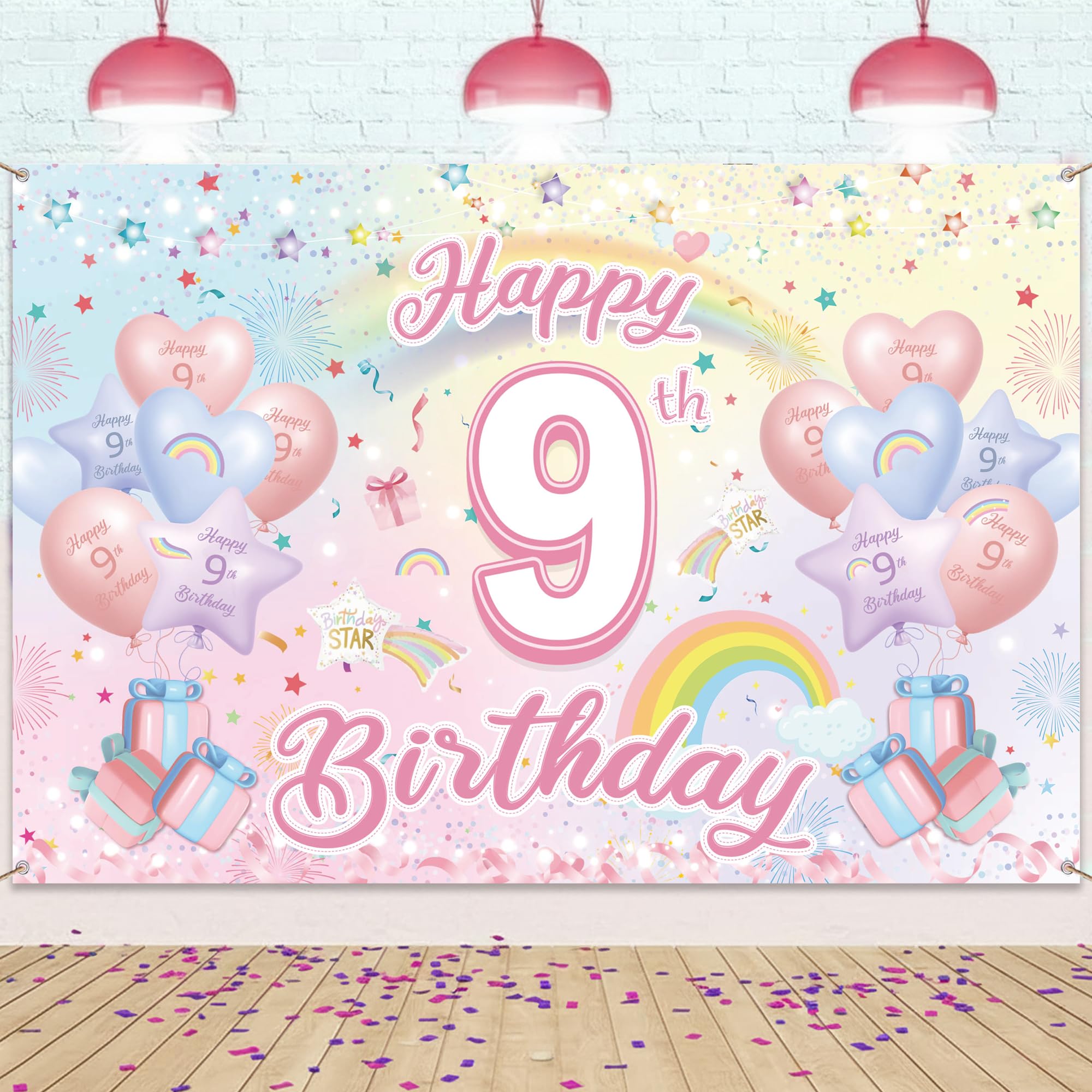 Happy 9th Birthday Banner, Rainbow Backdrop Decorations for Girls Boys