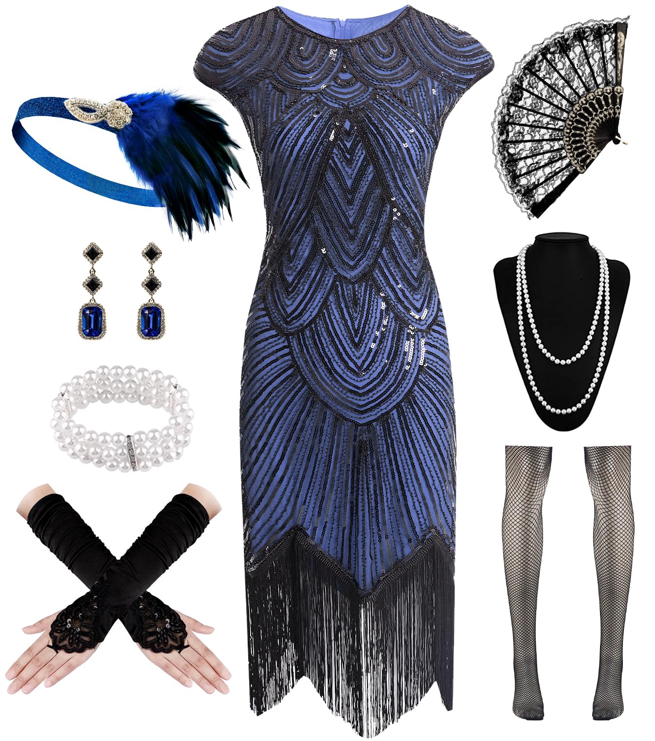 WILDPARTY 1920s Women's Flapper Dresses Sequin Fringe Beaded Cocktail Crew Neck Dress Roaring 20s Vintage Accessories BlackBlue-XL — image 1