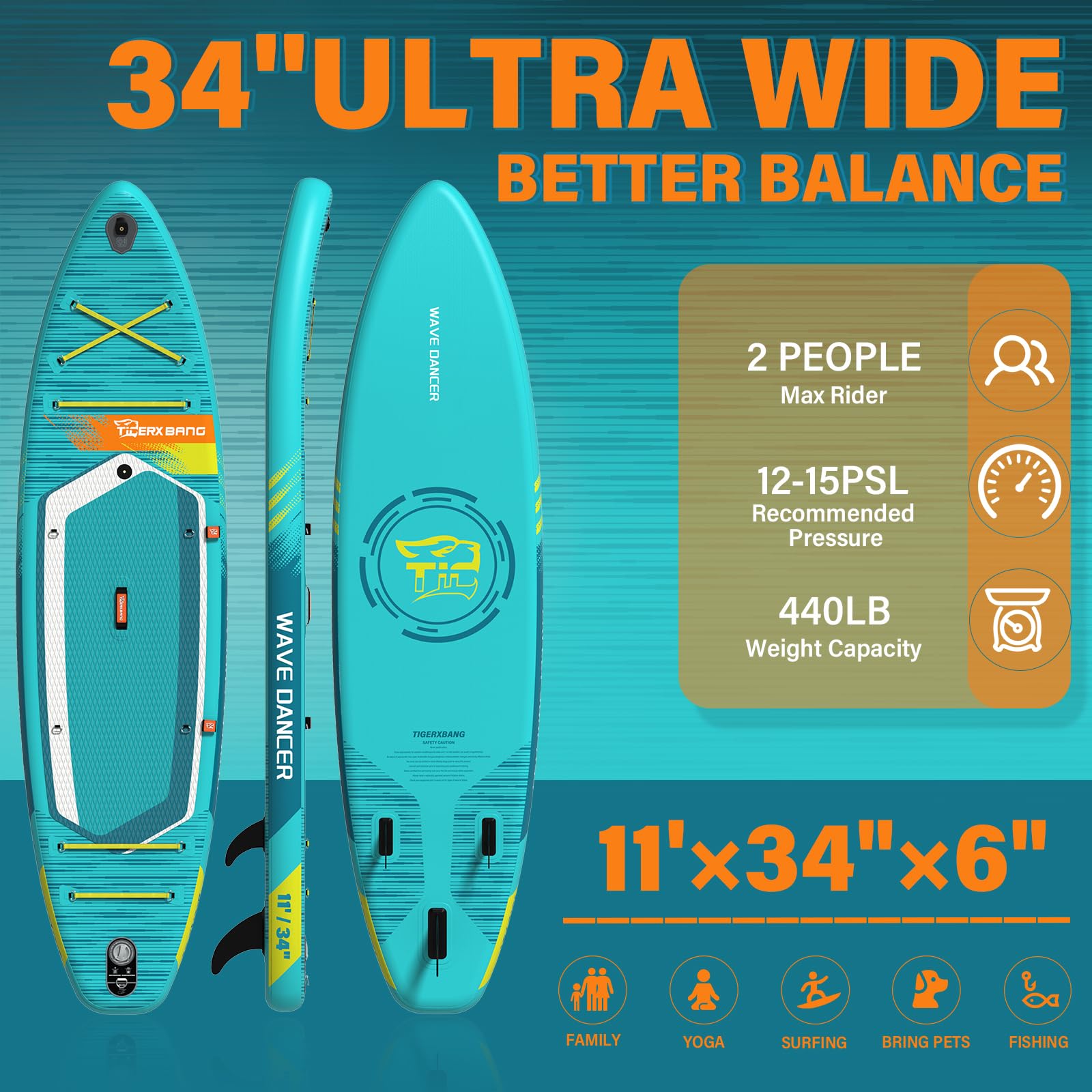 TIGERXBANG Aufblasbares Paddle Board mit Sitz, 335 x 86 x 15 cm Stand Up Paddling Board für Erwachsene/Kinder, Komplettes ISUP-Surf-Set für 2+1 Personen/Familie, Blau