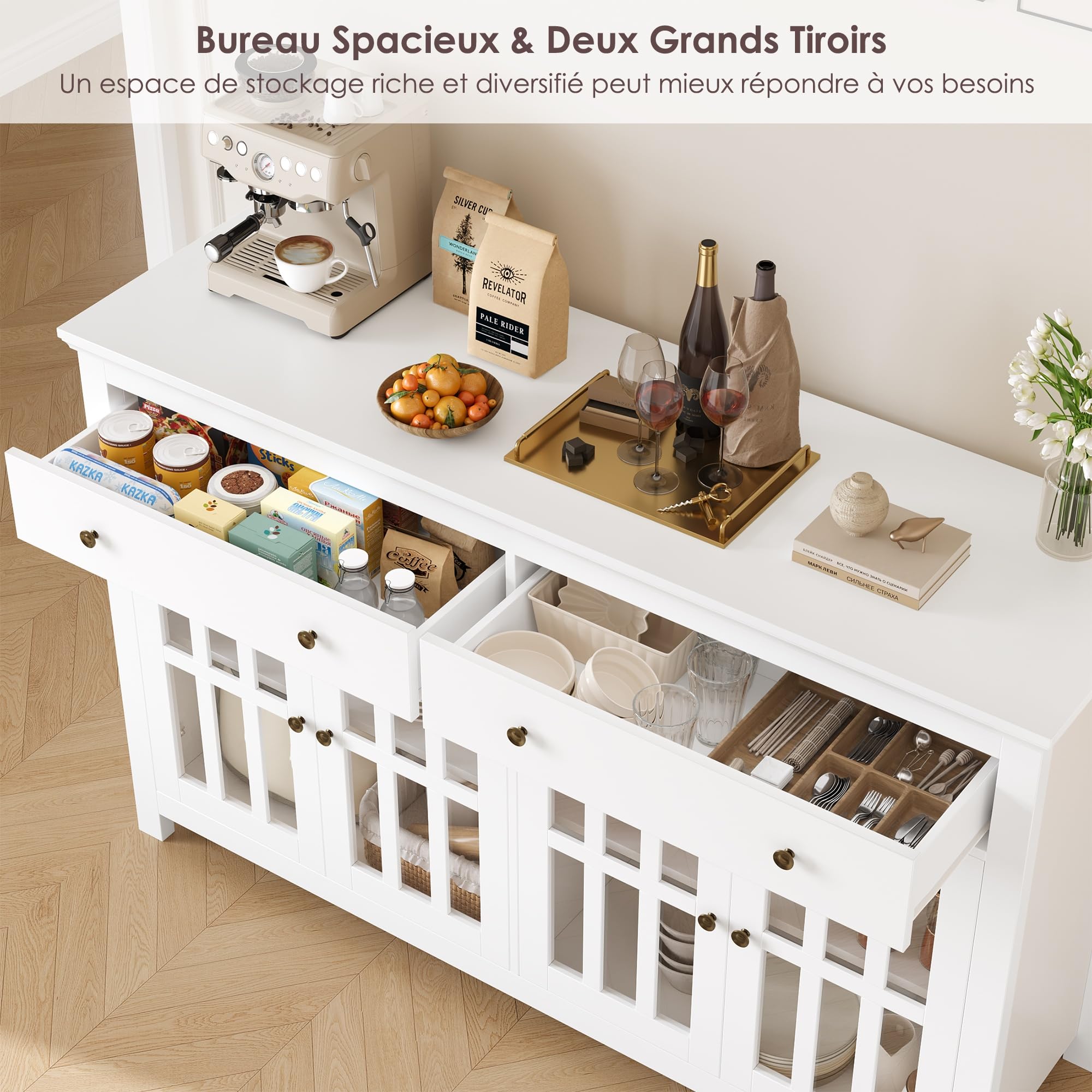 FirFurd Buffet Portes Vitrées Meuble Cuisine Rangement Blanc 140x40x90.7cm | Vaisselier 4 portes et 2 tiroirs | Grand plan de travail | Étagères réglables | Verre trempé | Pour salle à manger, salon