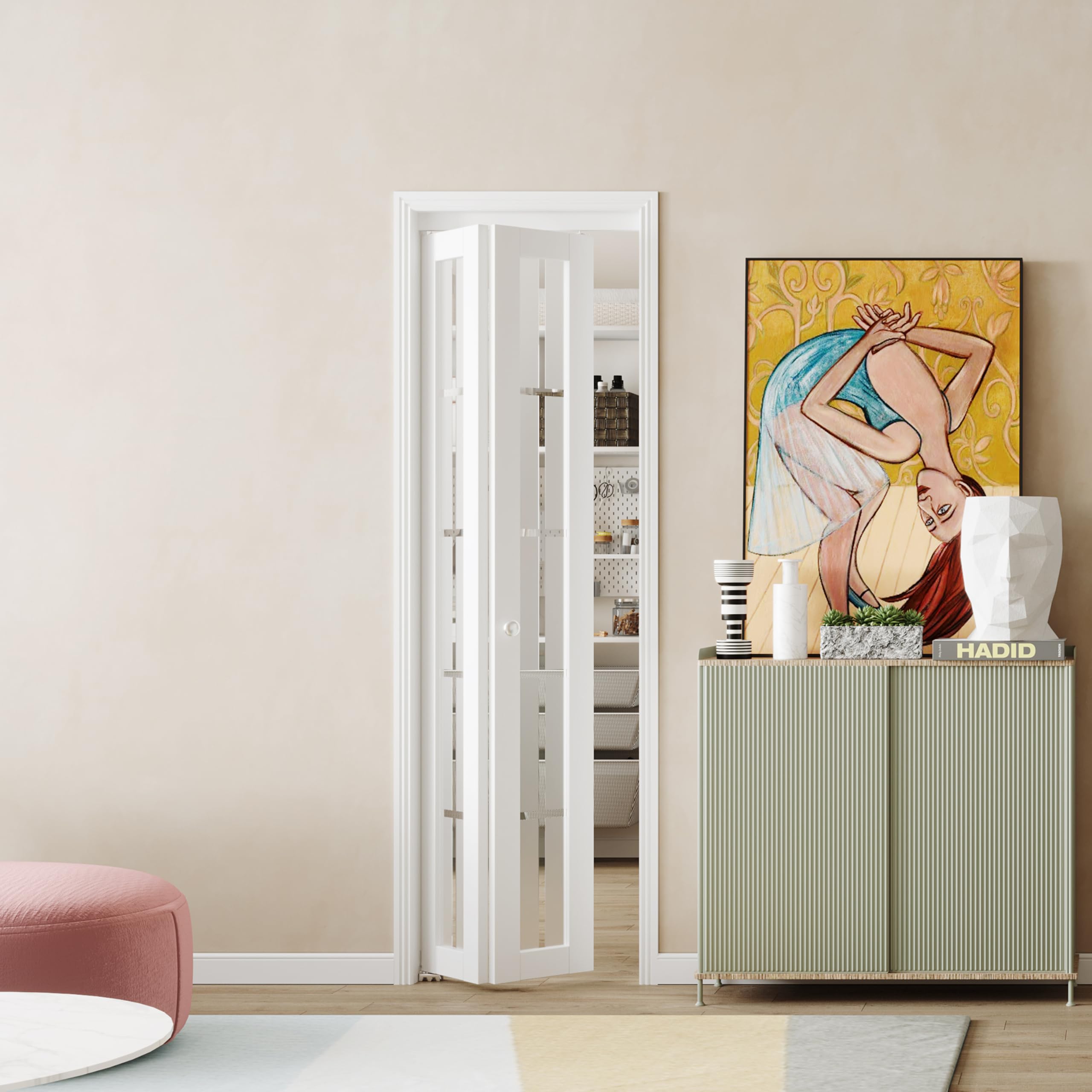 BARNER HOME Bi-Fold Doors, for 24in. x 80 in Opening, 1-lite Decorative Tempered Frosted Glass Panel with Hardware Kits, MDF, White Interior Closet Door