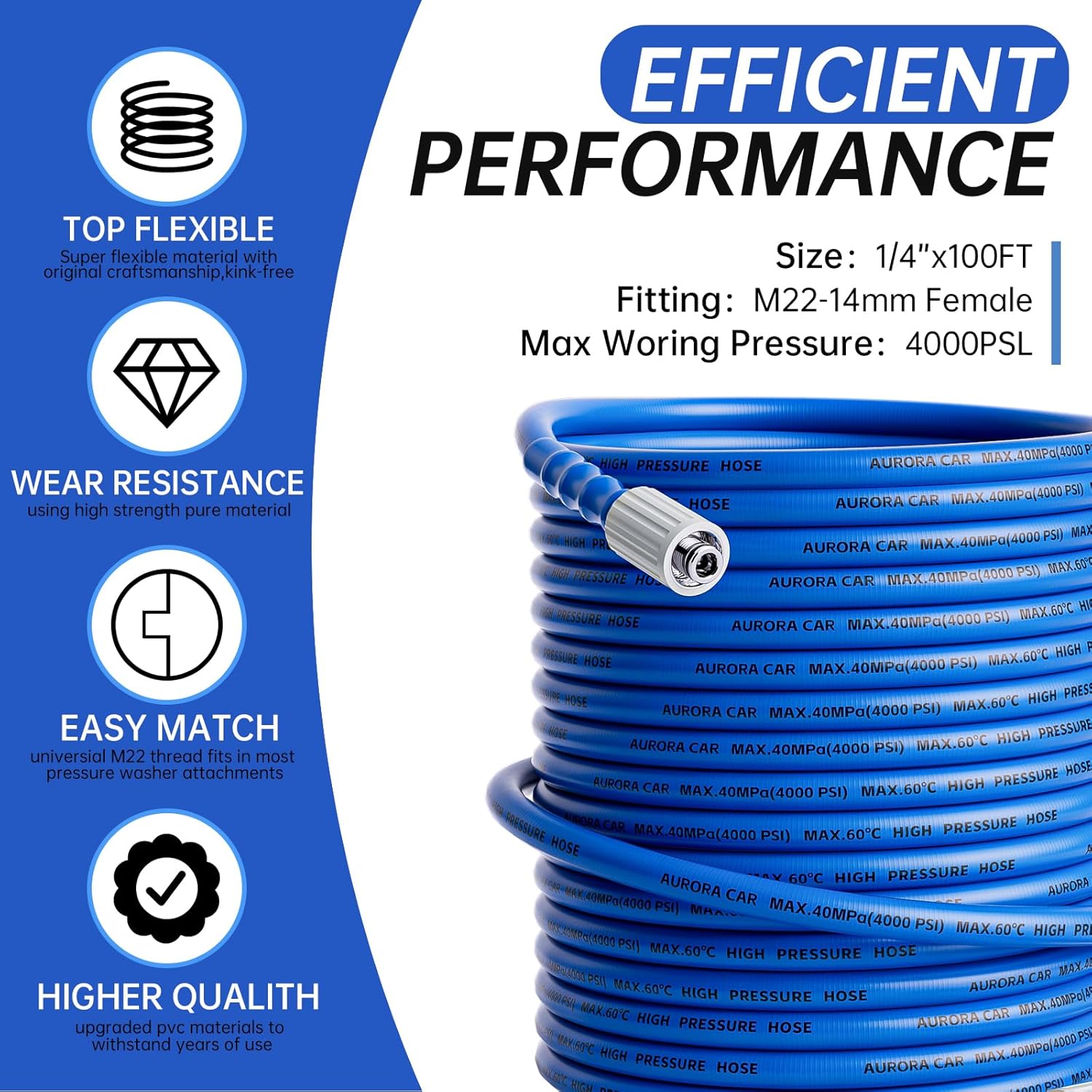 Pressure Washer Hose 100 FT x 1/4"，Kink Resistant Power Washer Hose with M22-14mm and 3/8" Quick Connection Kit，4000 PSI Replacement Power Washer Hose for Electric & Gas