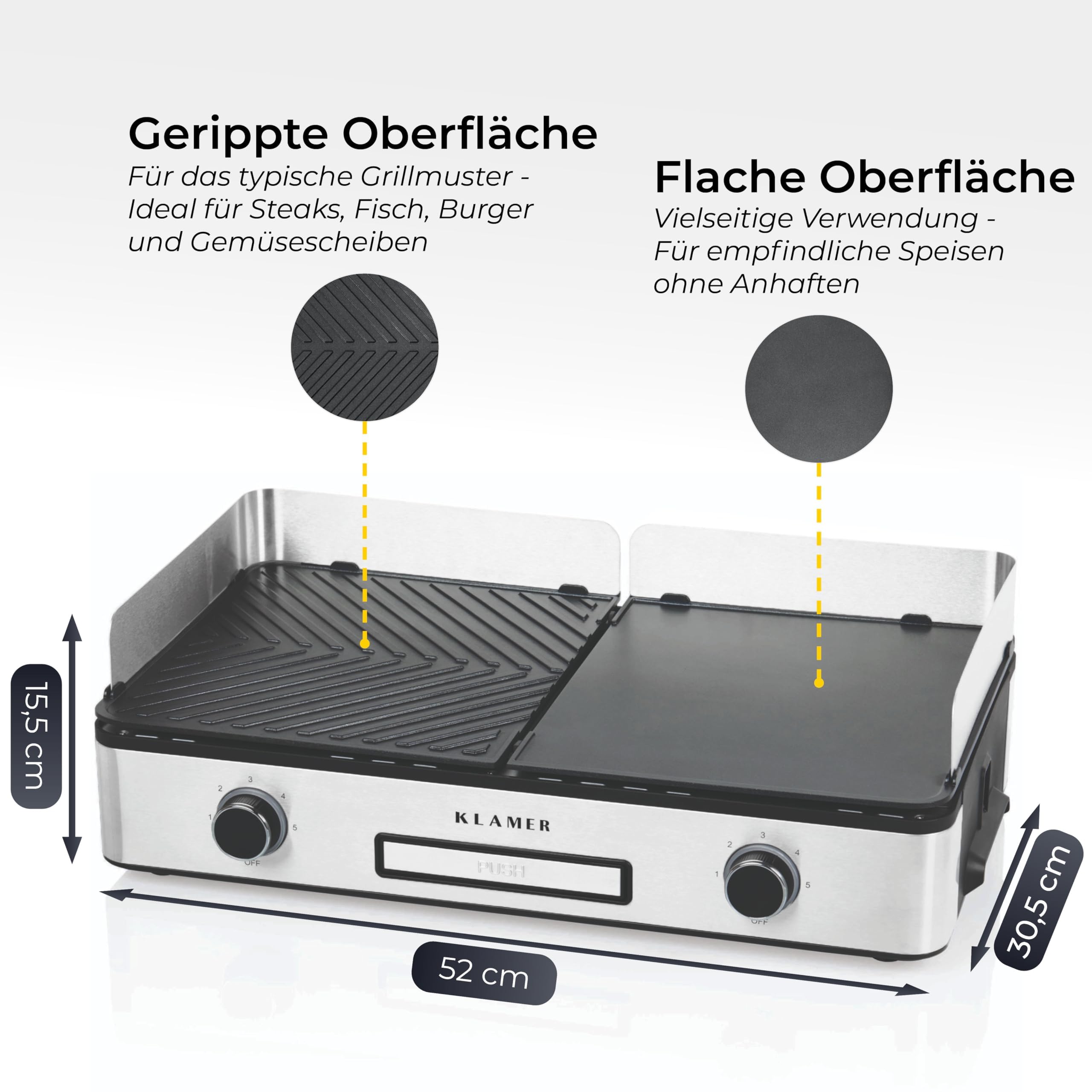 KLAMER Elektrogrill, antihaftbeschichtete und abnehmbare Duo-Platten, separate Temperatureinstellung, 5 Grillstufen, mit Wind-/ Spritzschutz & Auffangschale