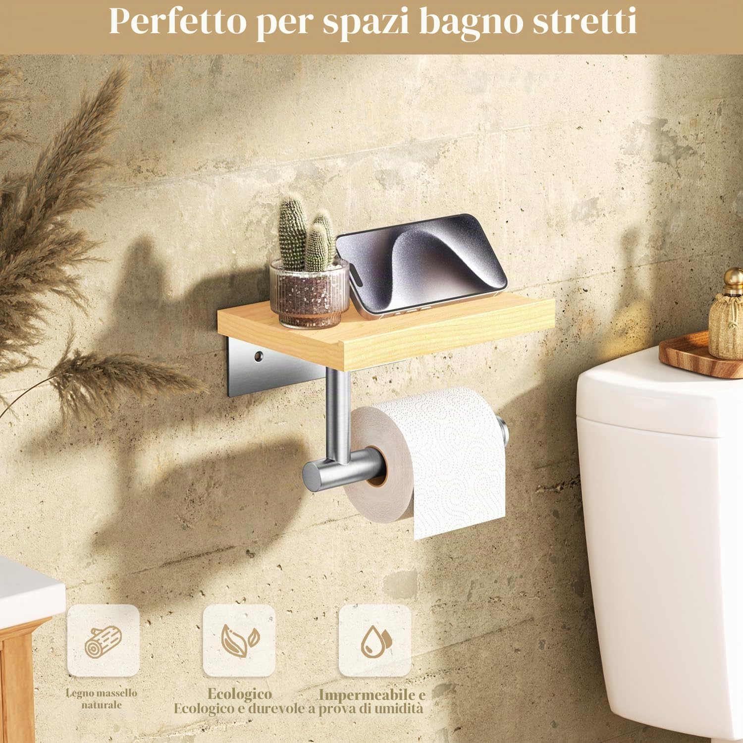 Tindbea Porta carta igienica con ripiano in legno, Porta rotolo carta igienica da parete in legno, Accessori bagno in acciaio inox nichelato spazzolato per la casa (Acero, nichel spazzolato)