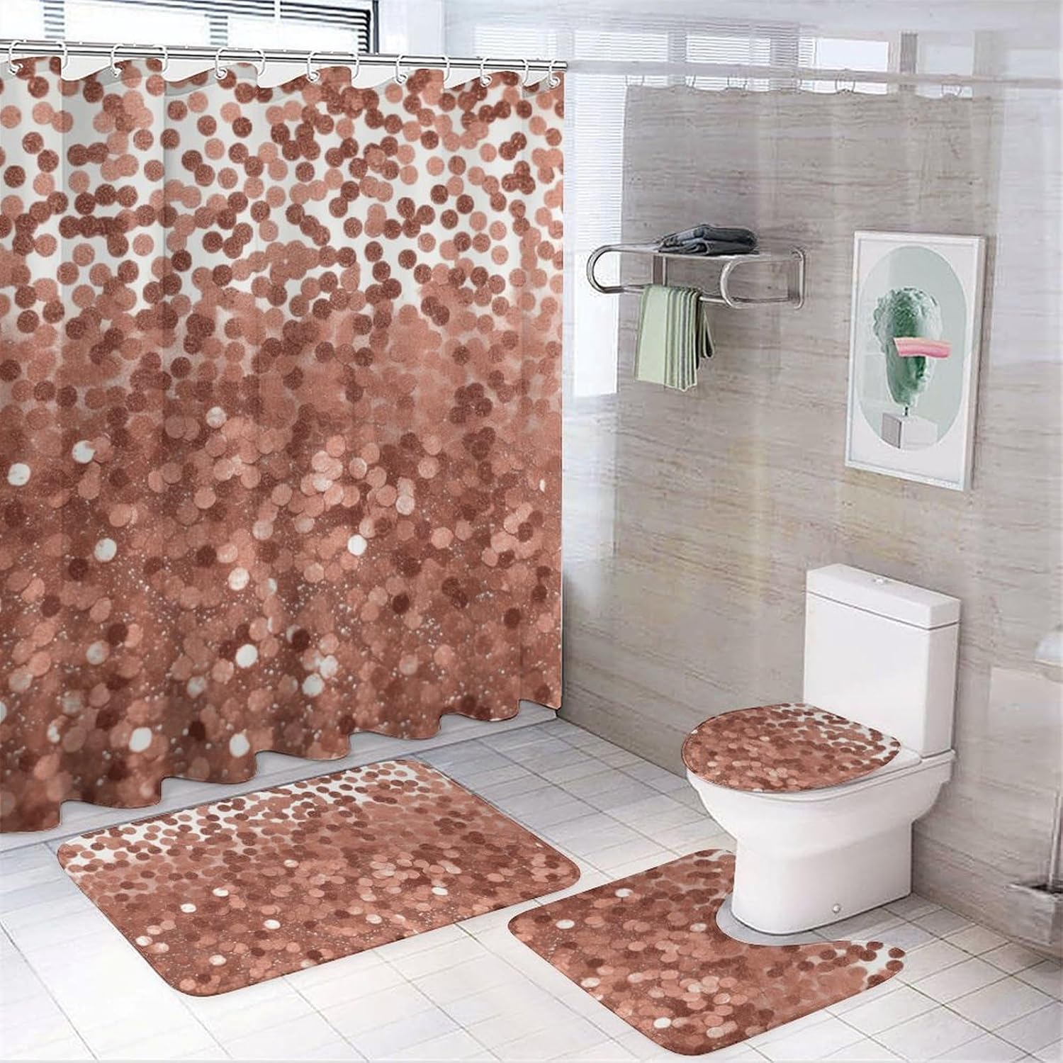 Rose Gold Glitter Shower Curtain Set 4 Piece, Non-Slip Bath Mat with Toilet Lid Cover and Waterproof Shower Curtain with 12 Hooks, Complete Bathroom Set for Home Decor