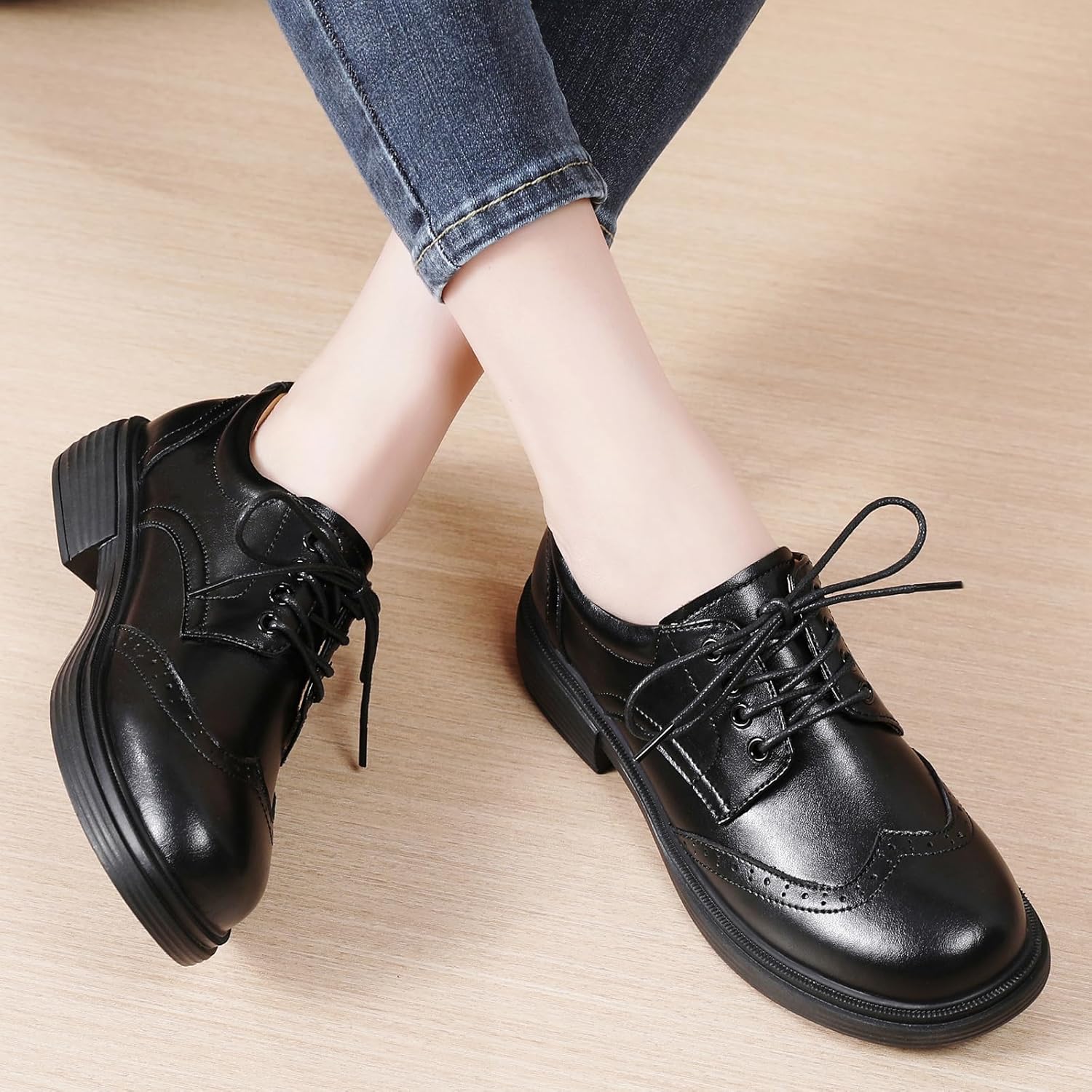 OKJ Oxford Shoes for Women Black Womens Oxfords Shoes Dressy Women's Casual Slip On Lace Up Loafers Vintage Shoes Business Dress Uniform Office Comfortable Non Slip Work Shoe - Image 5