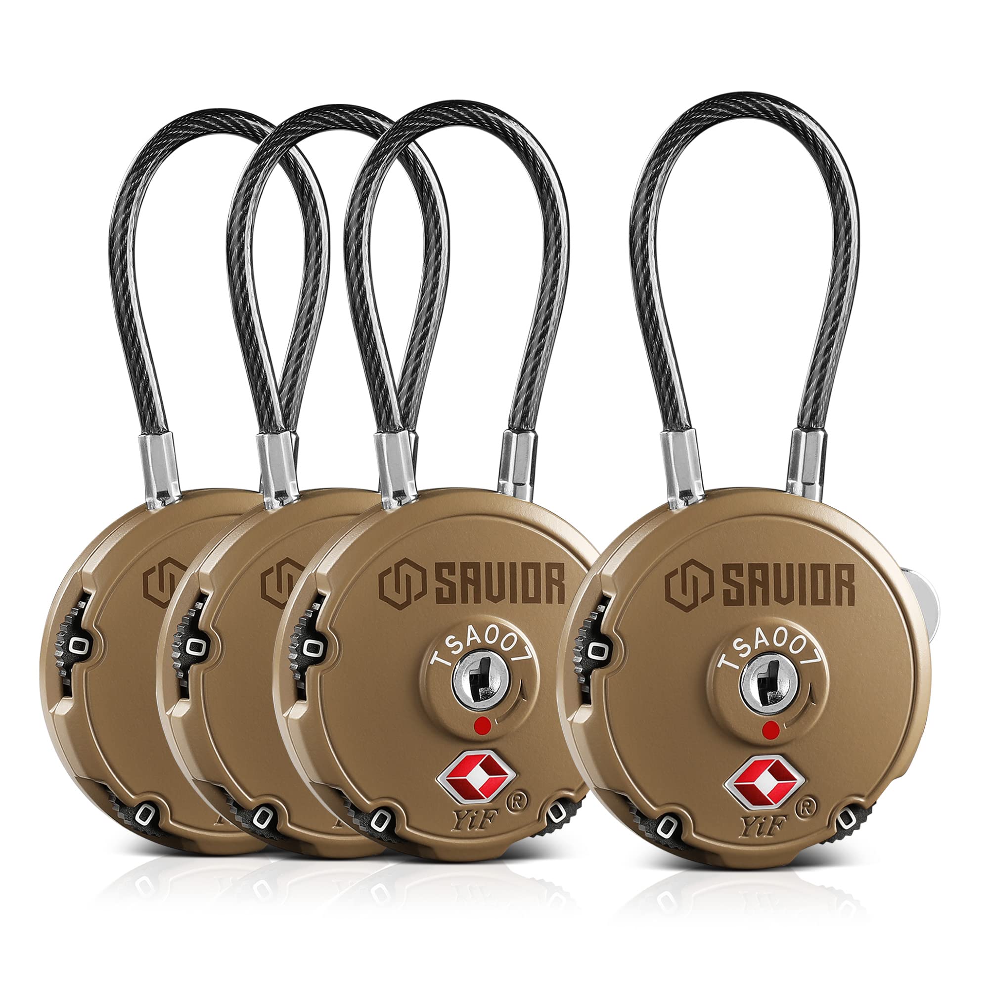 Savior EquipmentQuality TSA-Approved 3-Digit Combination Cable Travel Luggage Locks for Rifle Bag Firearm Gun Case Accessories Ammo Boxes Outdoor Storage, RAL 8000 Tan, 4-Pack