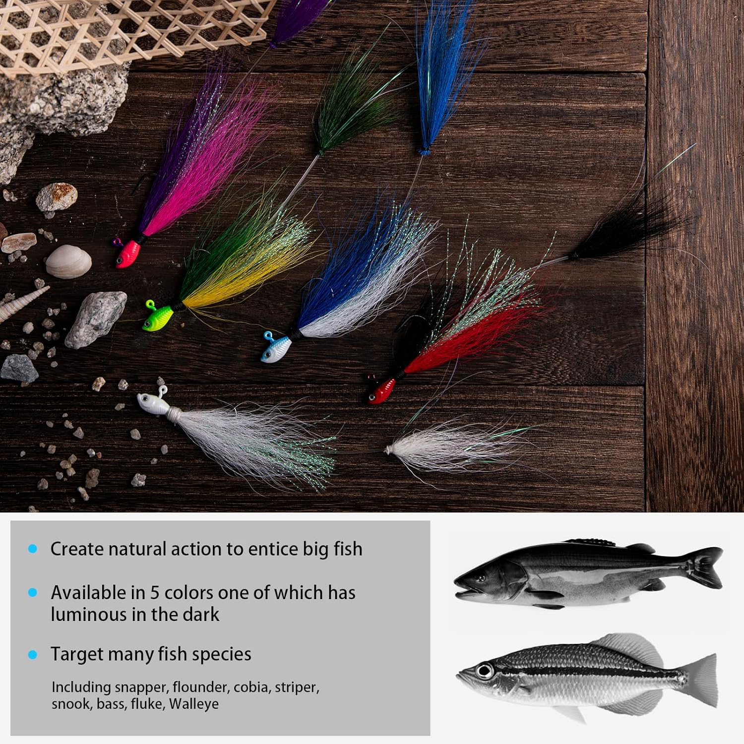 Goture 5pcs Bucktail Jigs Saltwater Fishing jig Hair Jigs Walleye jigs, bucktail jigs for Bass, Crappie, Bluefish, Snook, Rockfish, Halibut 1/4oz, 1/2oz, 1oz, 2oz
