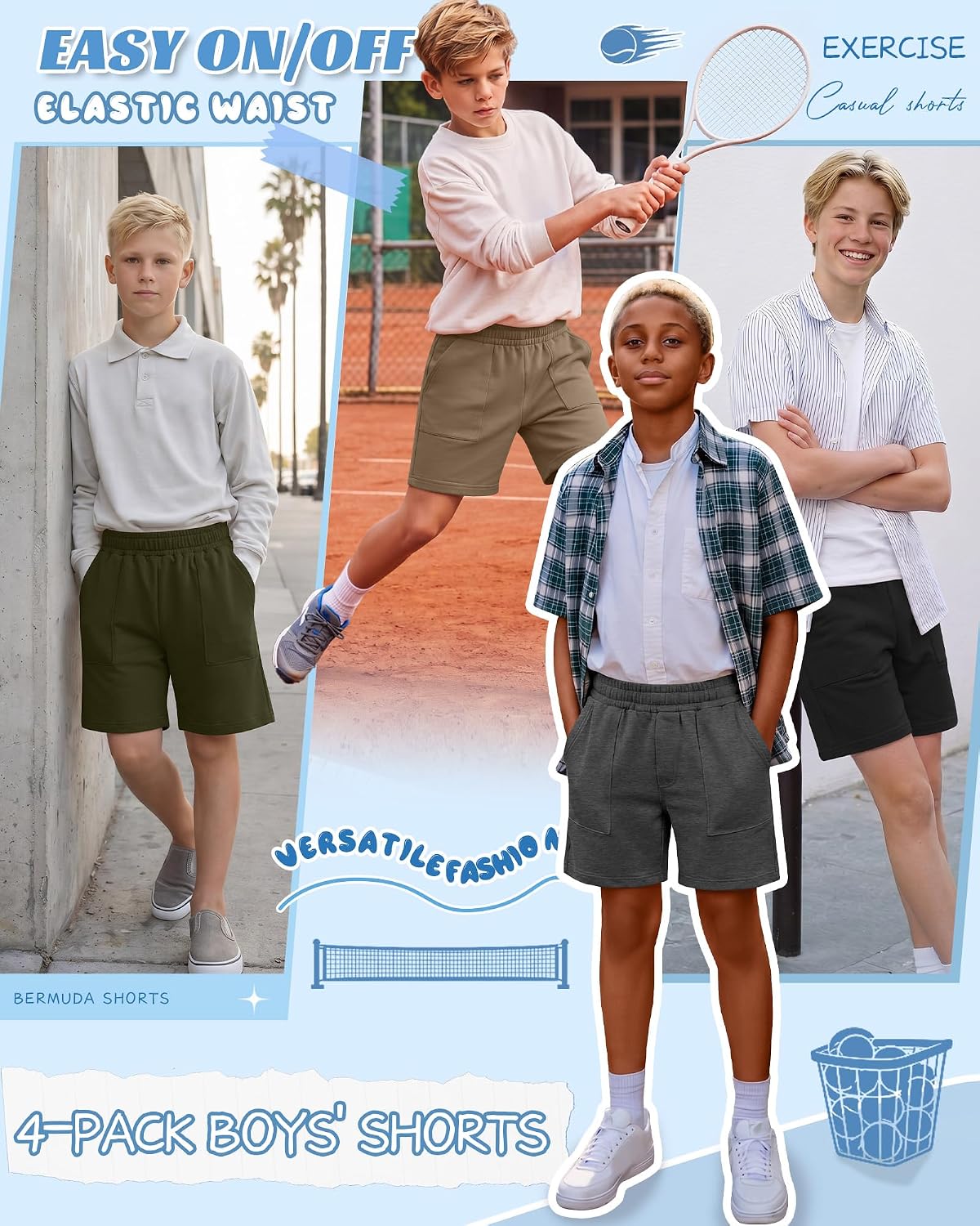 4 Pack Boys' Shorts Summer Athletic Casual Knee Length Long Sweat Short Teens School Basketball Performance Pockets