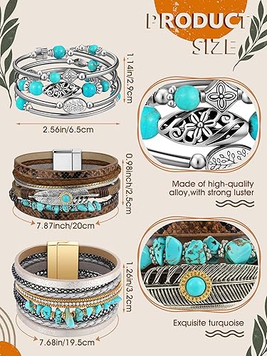 Miniatura 2 de Inbagi 3 piezas pulsera de turquesa para mujer pulsera de cuero joyería occidental para mujer brazalete de plata tipo puño, Talla única, No es una
