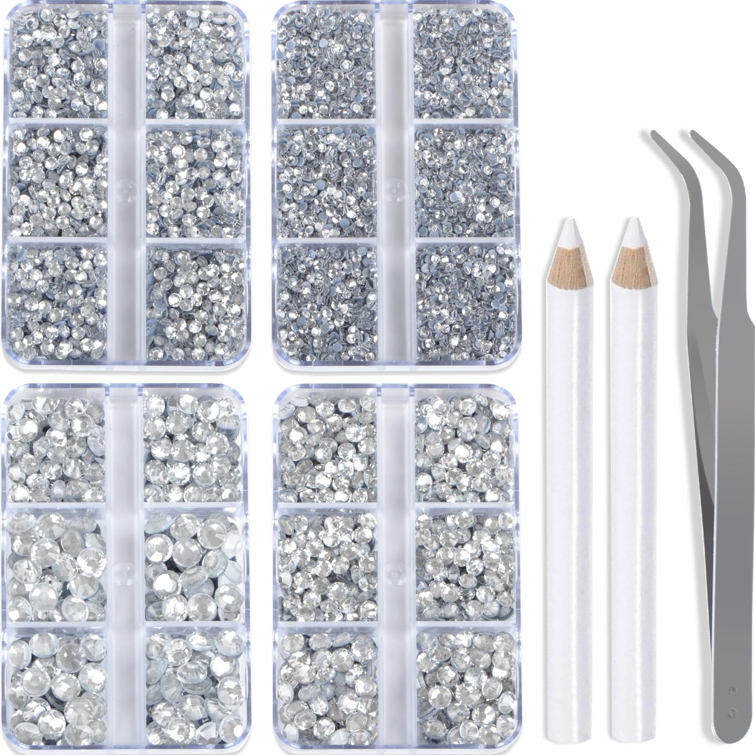 QOGIR 10000 Pieces 5 Mixed Size Clear Hotfix Rhinestones for Crafts Clothes Nail Art with Tweezers and Picking Rhinestones Pencil
