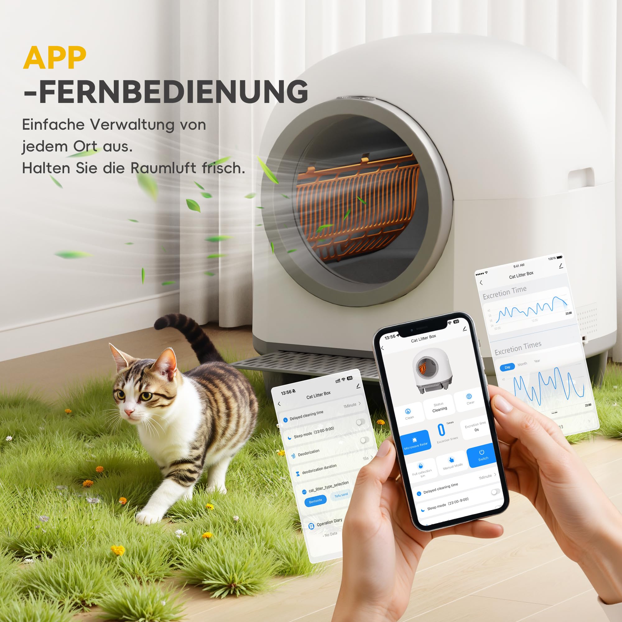 JUMMICO Selbstreinigende Katzentoilette, 90 Liter,XXL katzenklo selbstreinigend, APP-gesteuert, Desodoriert, Mit Katzenstreu Matte, Geeignet für mehrere Katzen selbstreinigende katzentoilette