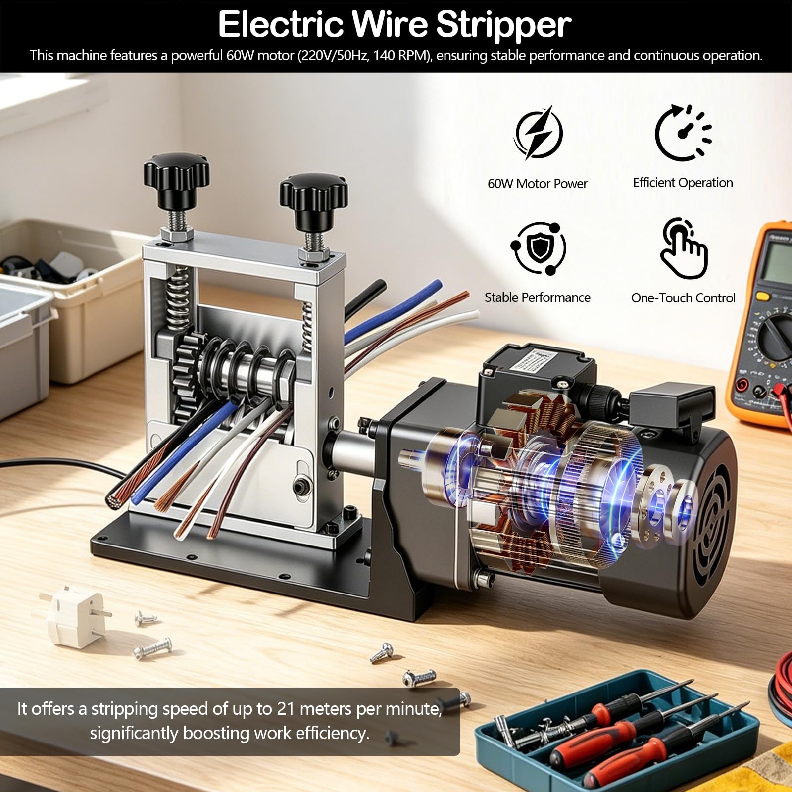 Peladora de Cables Eléctrica, Máquina Pelacables Automático 60W con 6 Agujeros para Cable de Cobre de 3-17mm Herramienta de Pelado para Reciclaje de Chatarra Pelacables Profesional
