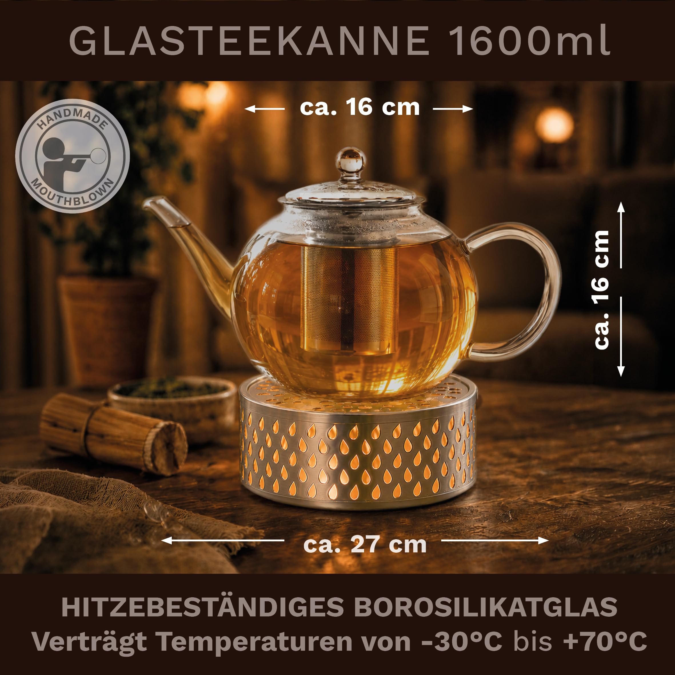 Creano Teekanne aus Glas 1,6l + EIN Stövchen aus Edelstahl, 3-teilige Glasteekanne mit integriertem Edelstahl Sieb und Glasdeckel, ideal zur Zubereitung von losen Tees, tropffrei