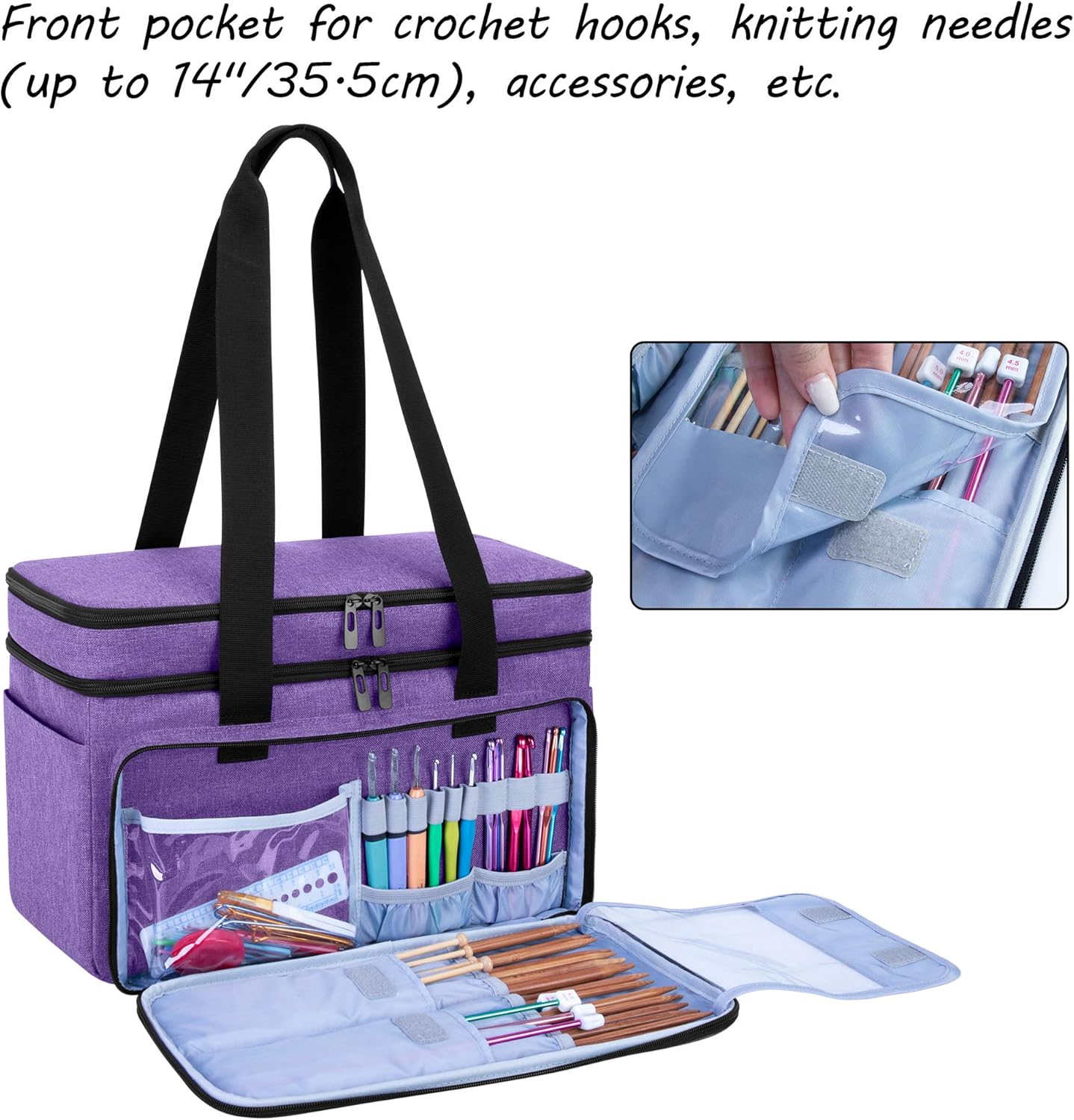 CURMIO Double-Layer Knitting Tote Bag, Yarn Storage Bag with Compartments for Crochet Hooks, Knitting Needles (Up to 14 Inches), Knitting Project and Accessories, Purple (Bag Only, Patented Design)