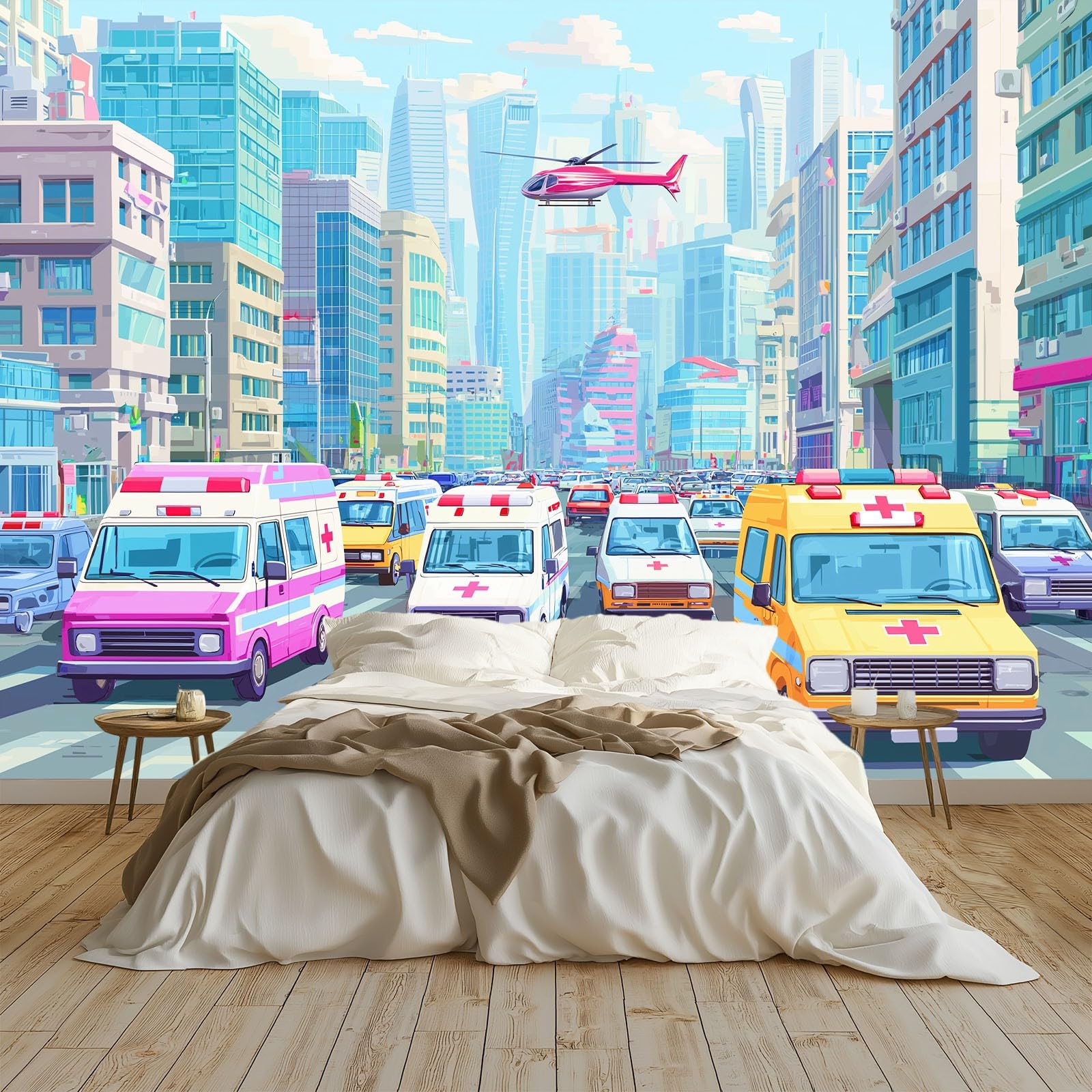 Fototapeta 3D 200 x 140 cm - wielokolorowa włóknina tapeta ścienna do salonu i telewizora biura - dekoracja XXL niesamoprzylepna kreskówka śmigłowiec pojazdów ratowniczych
