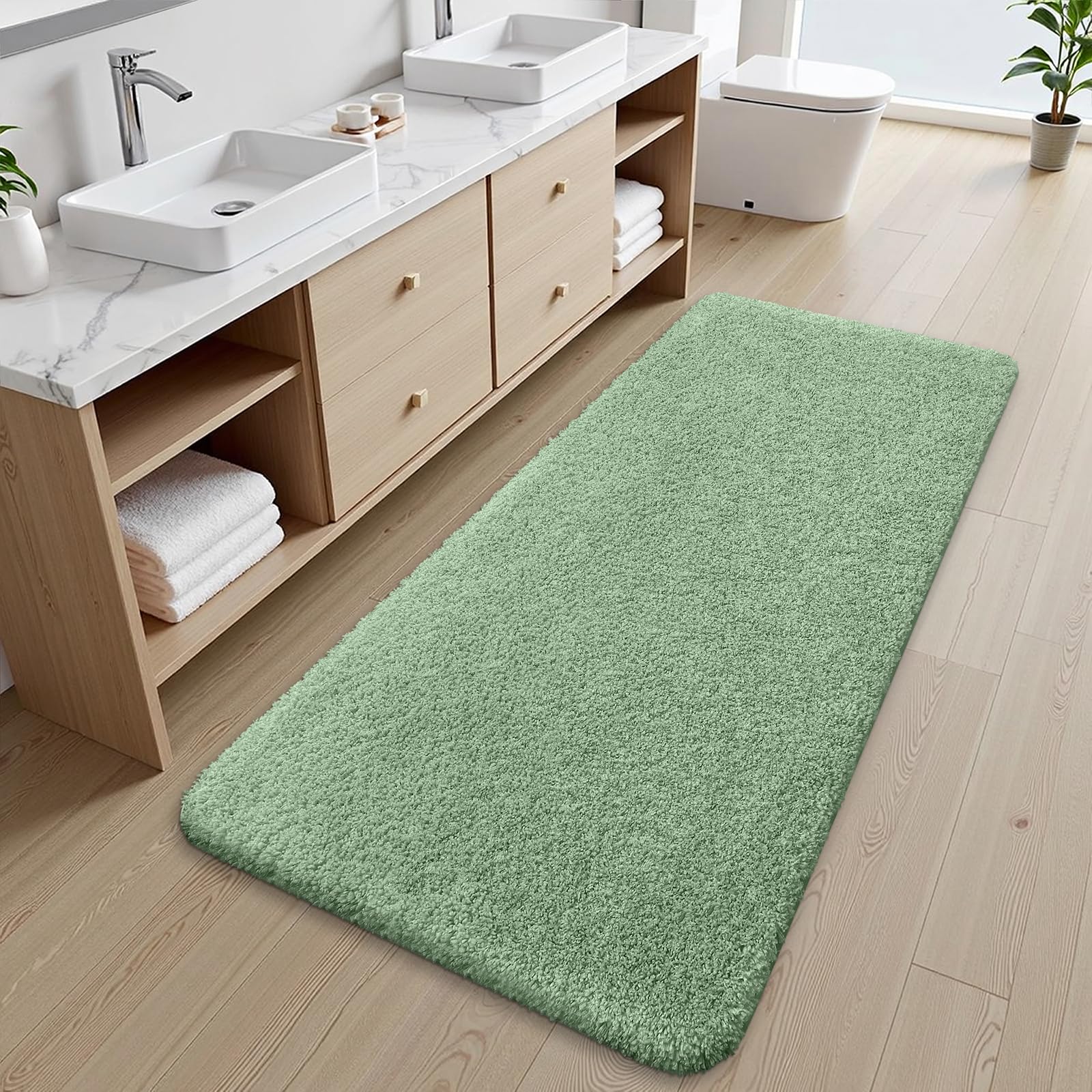 OLANLY Soft Microfiber Bath Mat, Super Absorbent Plush Shaggy Bathroom Mat, Machine Washable Dry Bathroom Rug, Non-Slip Bath Mats for Bathroom Floor, Tub and Shower, 24x47, Sage Green