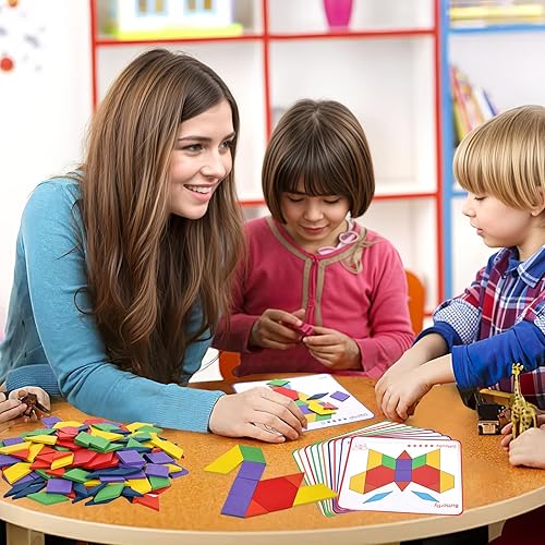 Miniatura 2 de LovesTown 150 bloques de patrón de madera, formas geométricas, bloques Tangram rompecabezas para niños con tarjetas de desafío, juguetes educativos