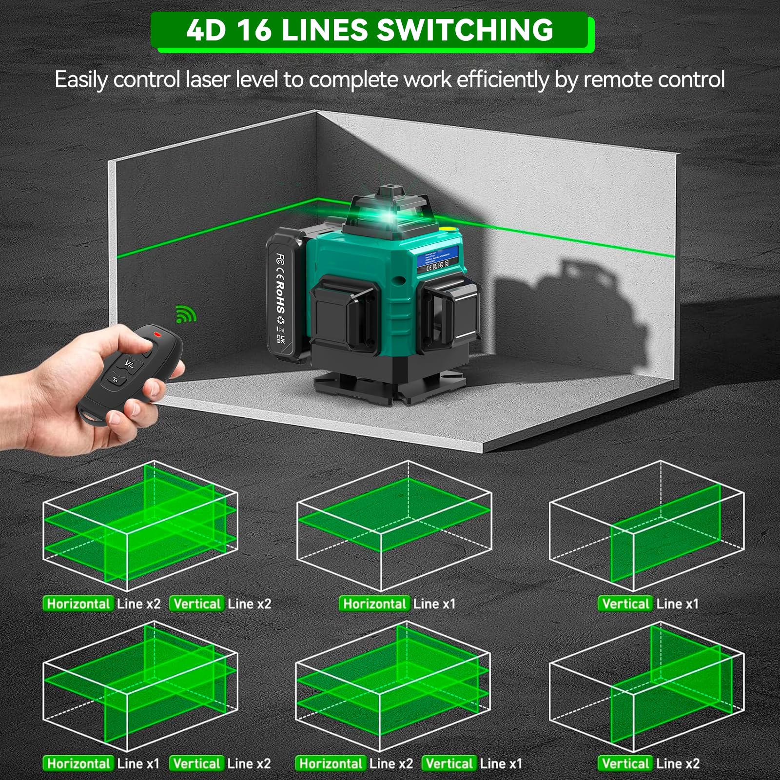 4 x 360° Laser a Linee Incrociate con Treppiede - Laser 4D Multifunzionale con 16 Linee,Macchina Autolivellante, Dispositivo di Livellamento con 3600 mAh Batteria,per Cantieri,Interni