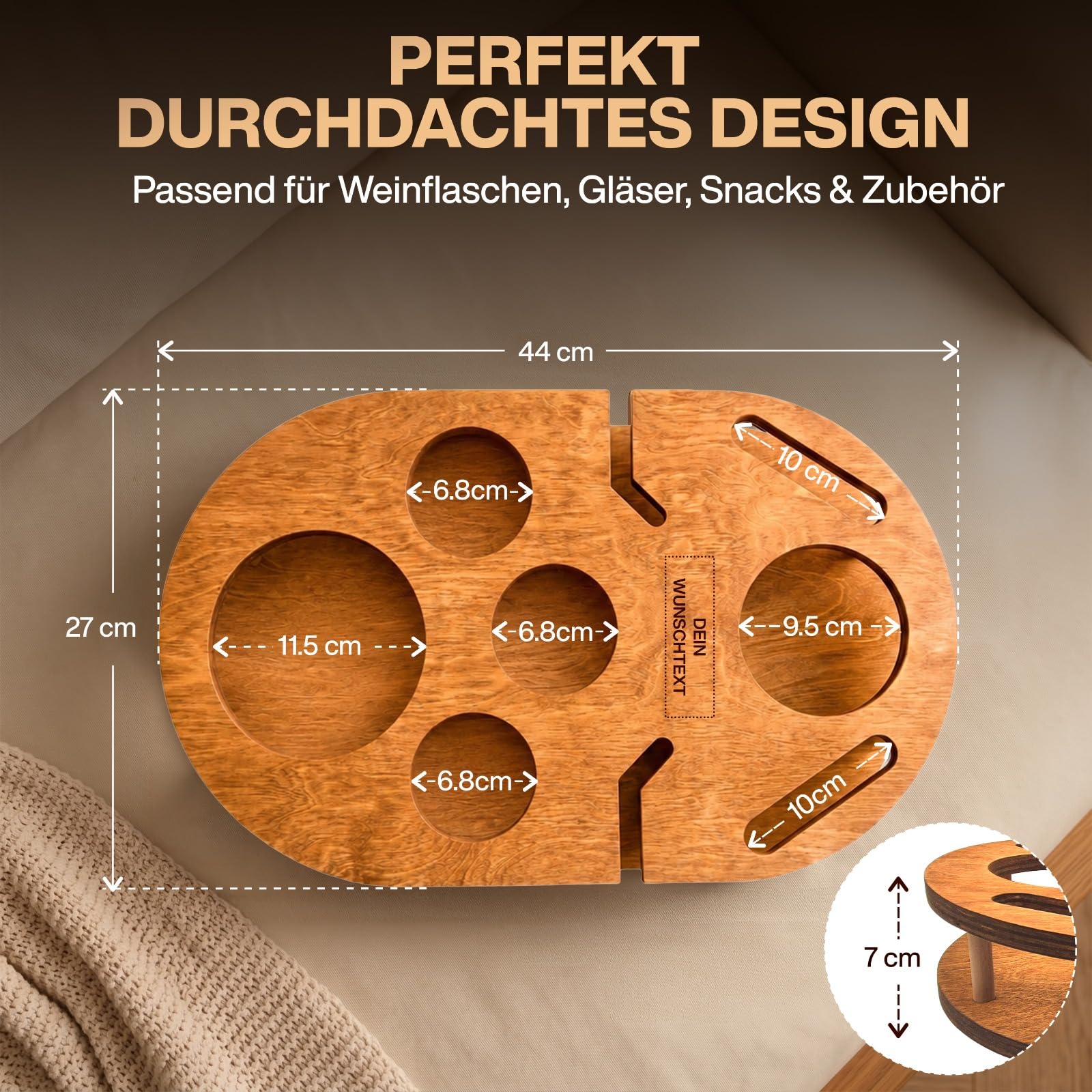 Couchbar Weinbar in Eiche mit 4 Glasschalen | PERSONALISIERBAR | Snackbox für Wein mit Getränkehalterung für Weingläser und Weinflasche | Sofabar für Snacks | Couch Bar personalisiert