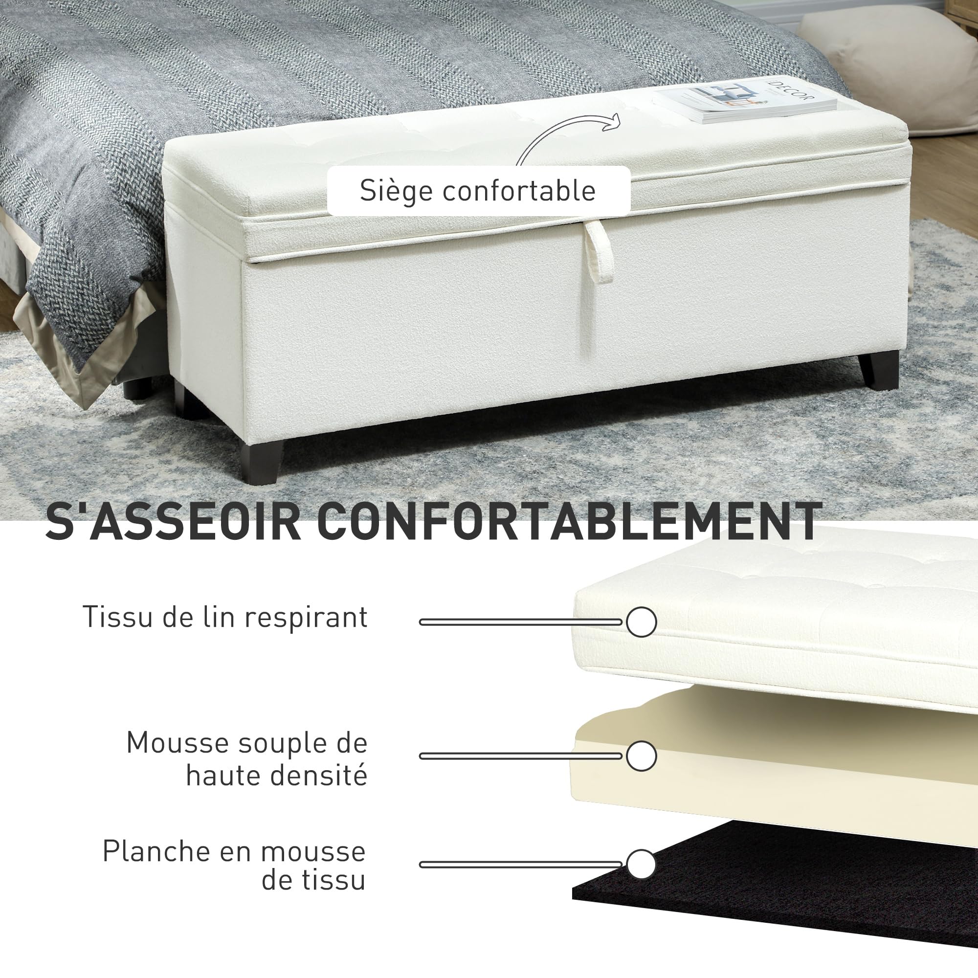 HOMCOM Panca portaoggetti 112L Panca da letto Cassapanca portaoggetti con seduta imbottita, tessuto di lino per soggiorno, camera da letto, ingresso, 120 x 40 x 48 cm, crema