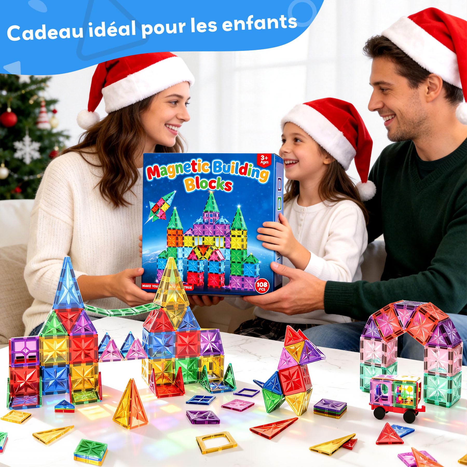 WOOBLO Bloc magnétique 108 pièces avec 2 Voitures, Jeu de Construction magnétique pour Enfants à partir de 3 Ans, Jouet créatif à aimants, Jouet Montessori, Cadeau pour garçons et Filles Amovible