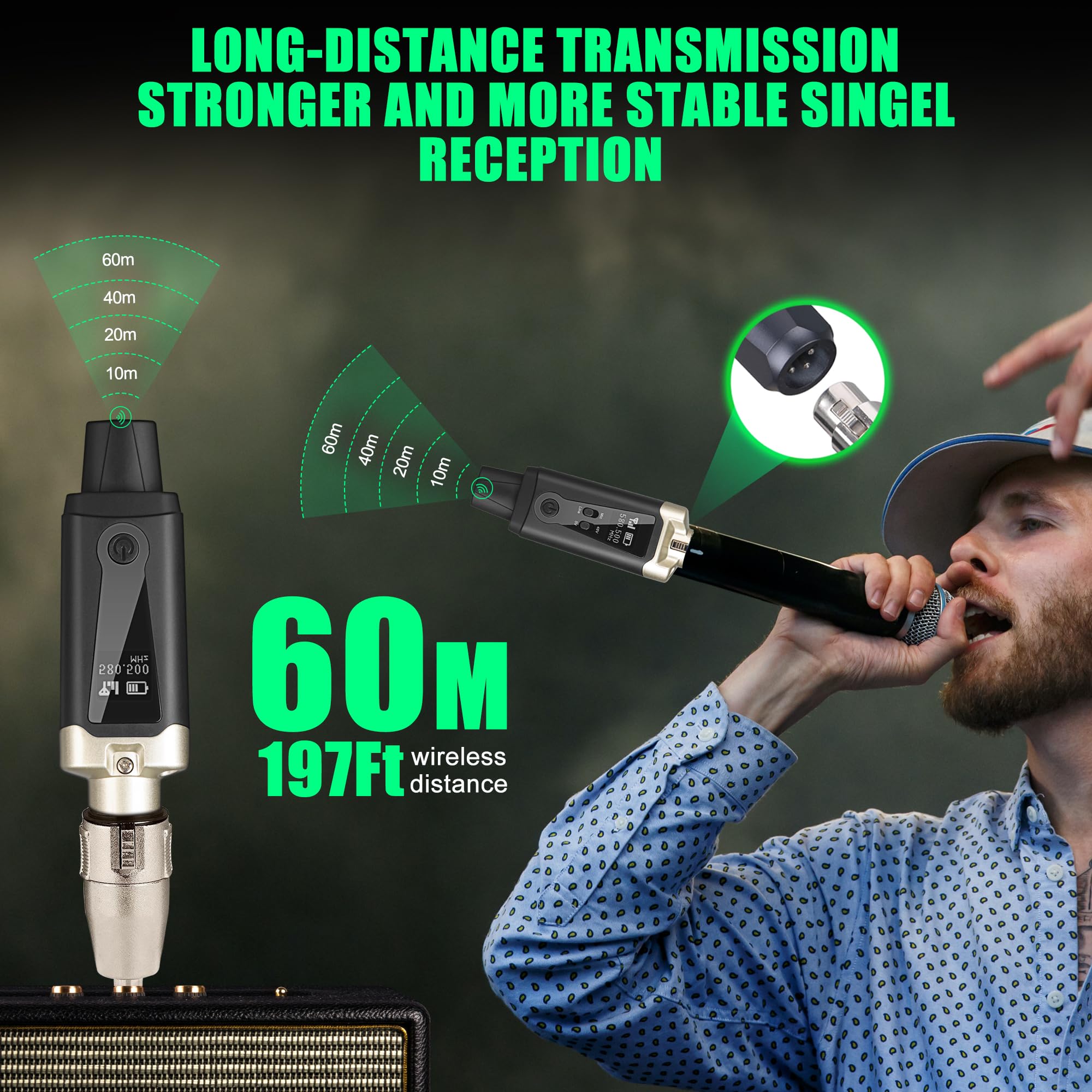 UHF Kabelloser XLR-Sender und Empfänger mit 48 V Phantomspeisung, wiederaufladbarer Mikrofon-Adapter, 16 Kanäle, 59,7 m Reichweite für dynamisches/Kondensatormikrofon, Audio-Mixer, E-Gitarre/Bass