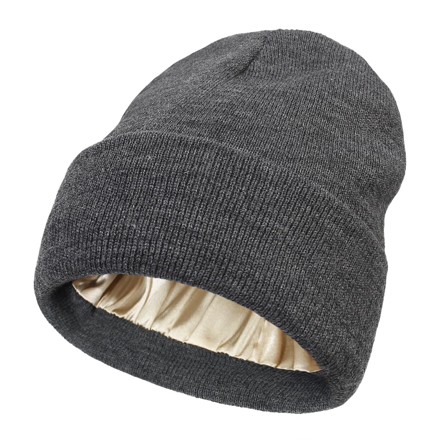 No Static No Frizz No Tangle Hat, Satin Lined Hats for Women, Ladies Winter Silk Lined Beanie, Knit Solid Slouchy Sleep Hats Grey
