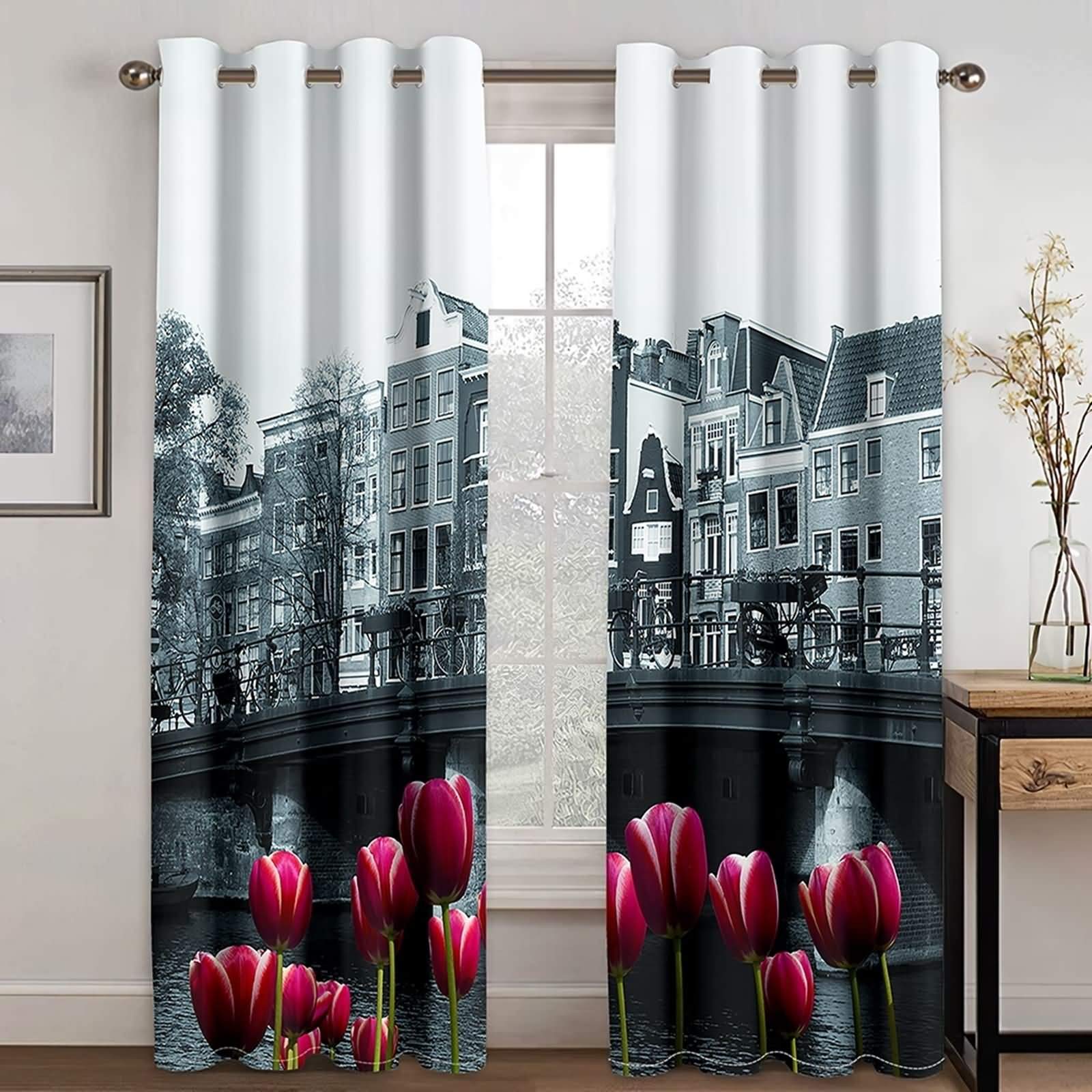 Rideaux occultants imprimé moderne tulipes rouge gris 137x214cm x 2pcs