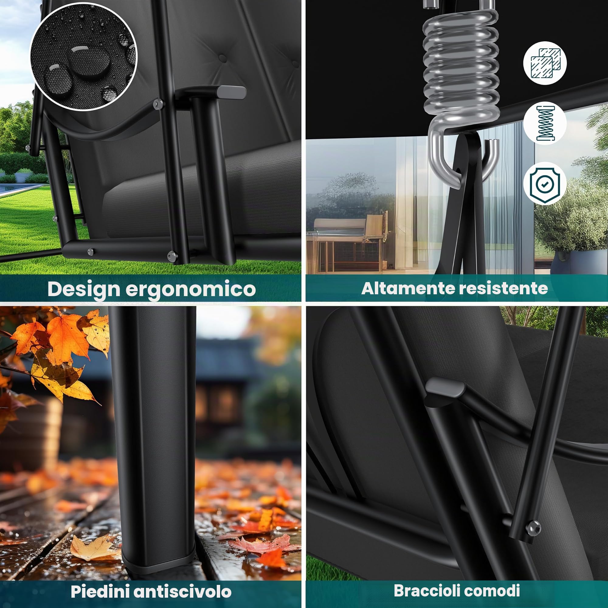 KESSER® Dondolo Hollywood con tettuccio parasole, 3 Posti, cuscino di seduta, Portata fino a 360 kg, Sdraio da Giardino con piedini antiscivolo, Uso Esterno e Interno, Idrorepellente, Nero