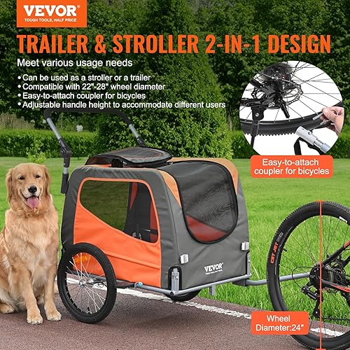 Miniatura 2 de VEVOR Dog Bike Trailer, Supports up to 66/88/100 lbs, 2-in-1 Pet Stroller Cart Bicycle Carrier, Easy Folding Cart Frame with Quick Release Wheels