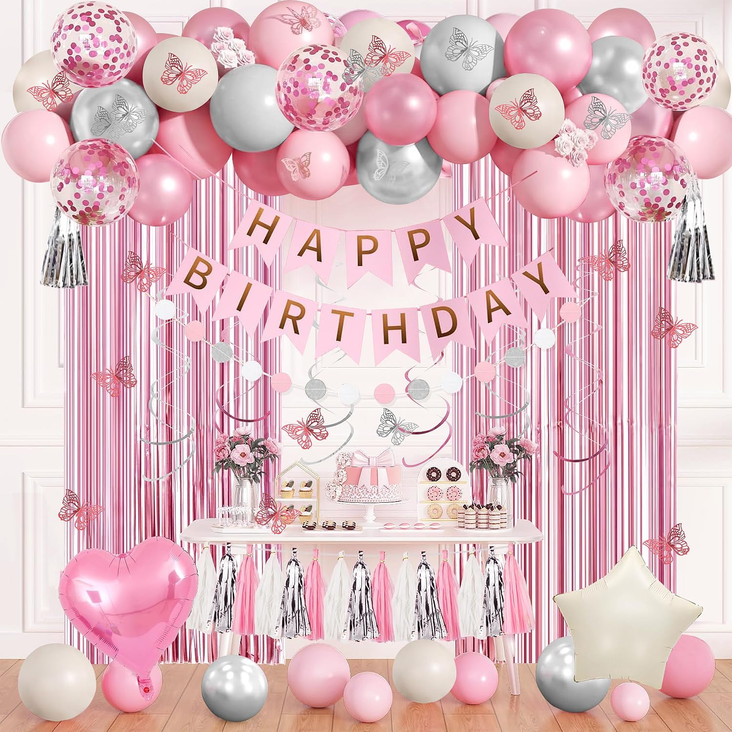 Pink Birthday Party Decorations for Women Girls,Happy Birthday Banner,Fringe Curtains, Butterfly Decorations,Hanging Swirls,Circle Dots,Tassels Pompoms,Pink Balloons Foil Silver Balloons