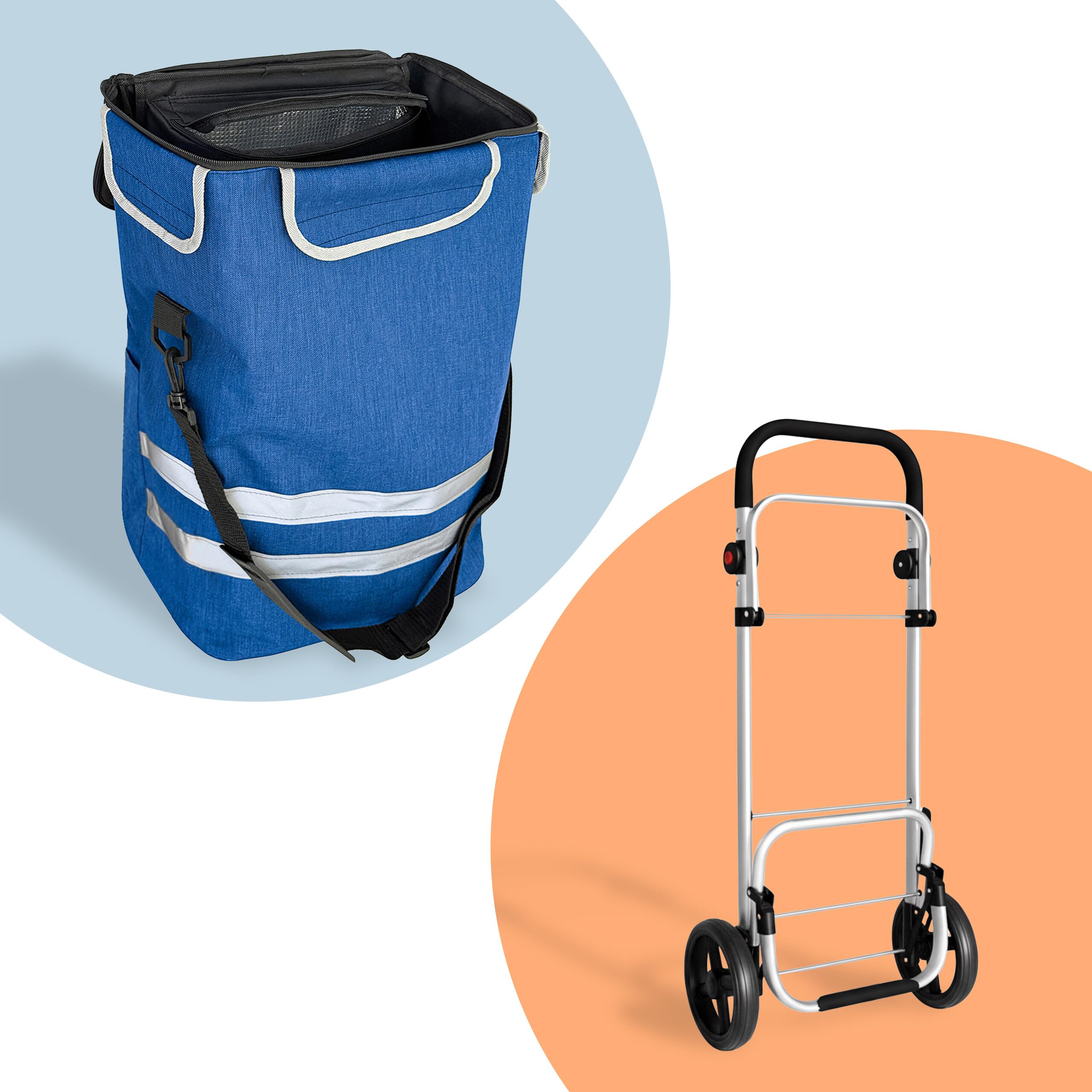 Carrello della Spesa Relaxdays, 2 Ruote Grandi, Tasca Termica, Borsa Rimovibile, 45 l, Fino a 35 kg, Pieghevole, Blu
