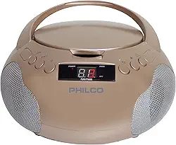 Philco Boombox de CD portátil com alto-falantes e rádio AM FM | CD Player de caixa boom ouro rosa compatível com CD-R/CD-RW e CD de áudio | Entrada auxiliar de 3,5 mm | Som estéreo | Tela LED