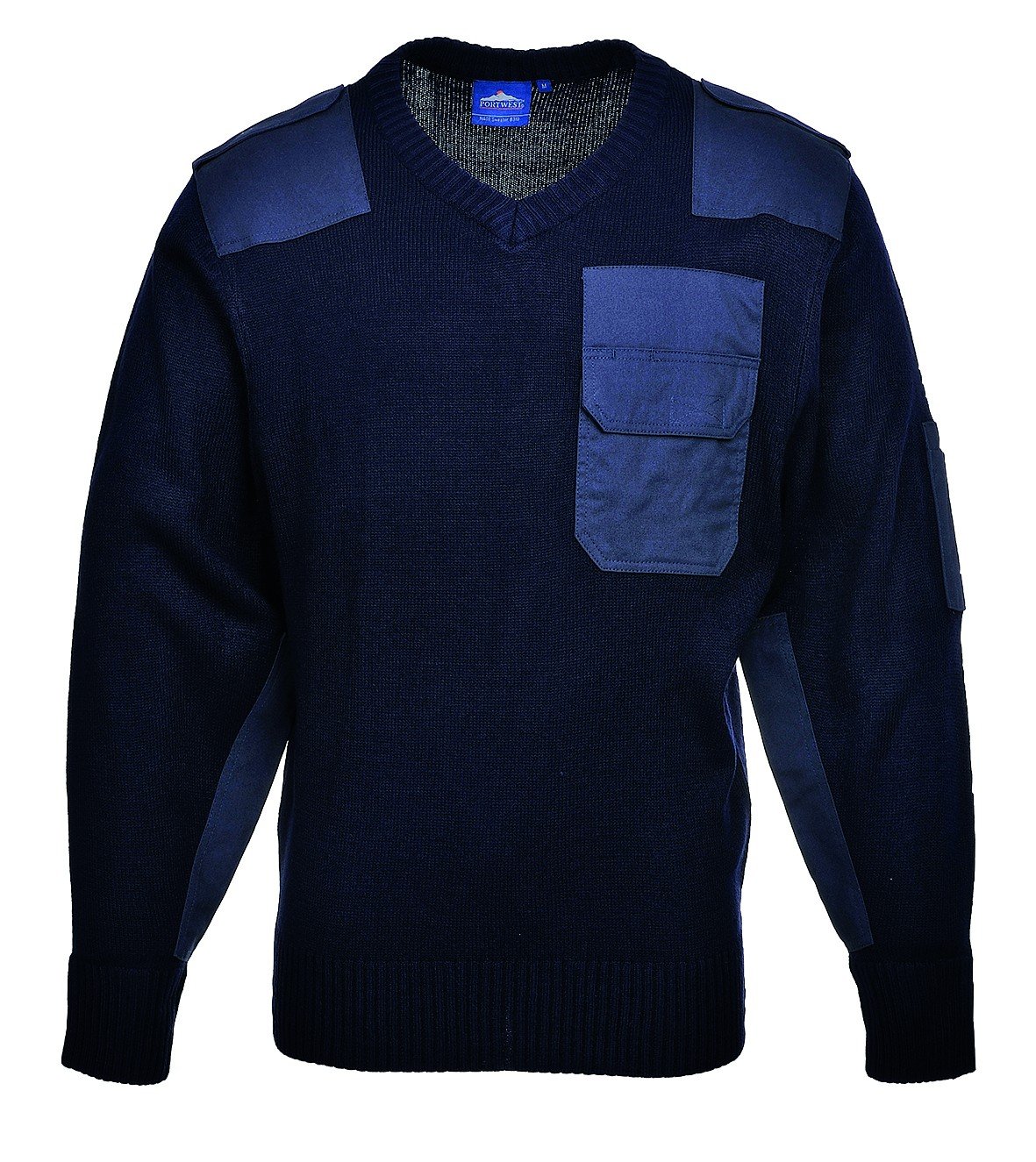 Castle Clothing Men's Blue Army Pullover Security Military Jumper Knitted Sweater V Neck With Shoulder Epaulettes And Elbow Patches (Large, Navy)