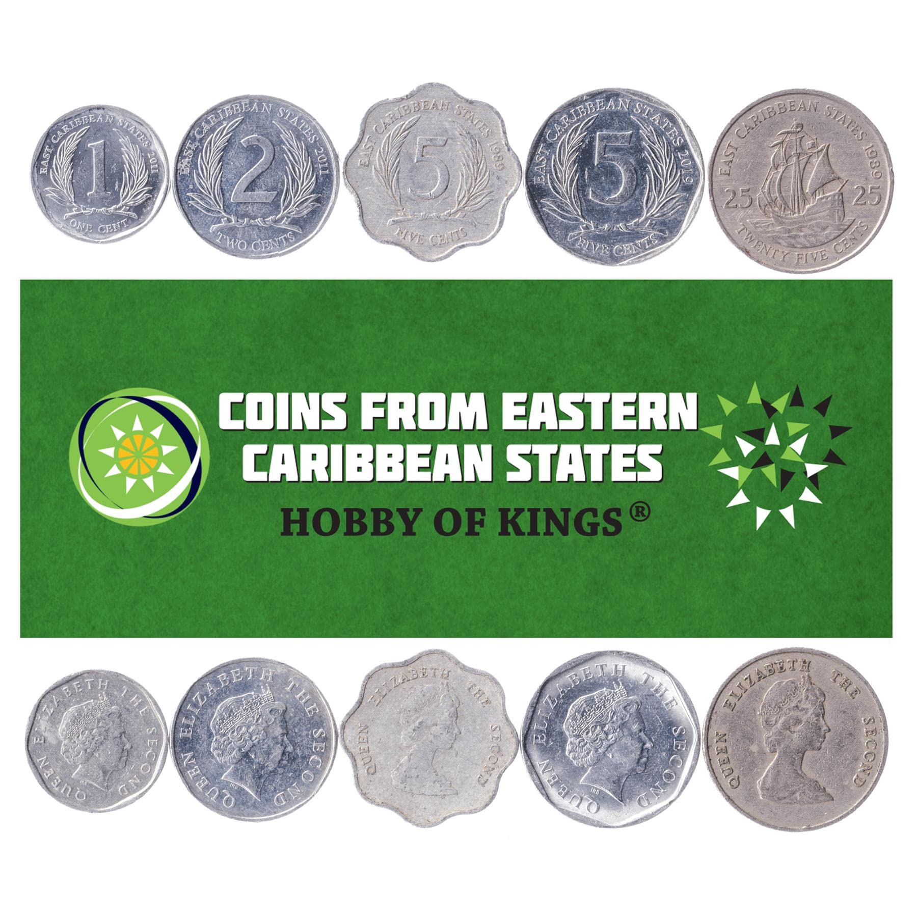 5 Eastern Caribbean Coins from the West Indies, East Caribbean States (Oecs)
