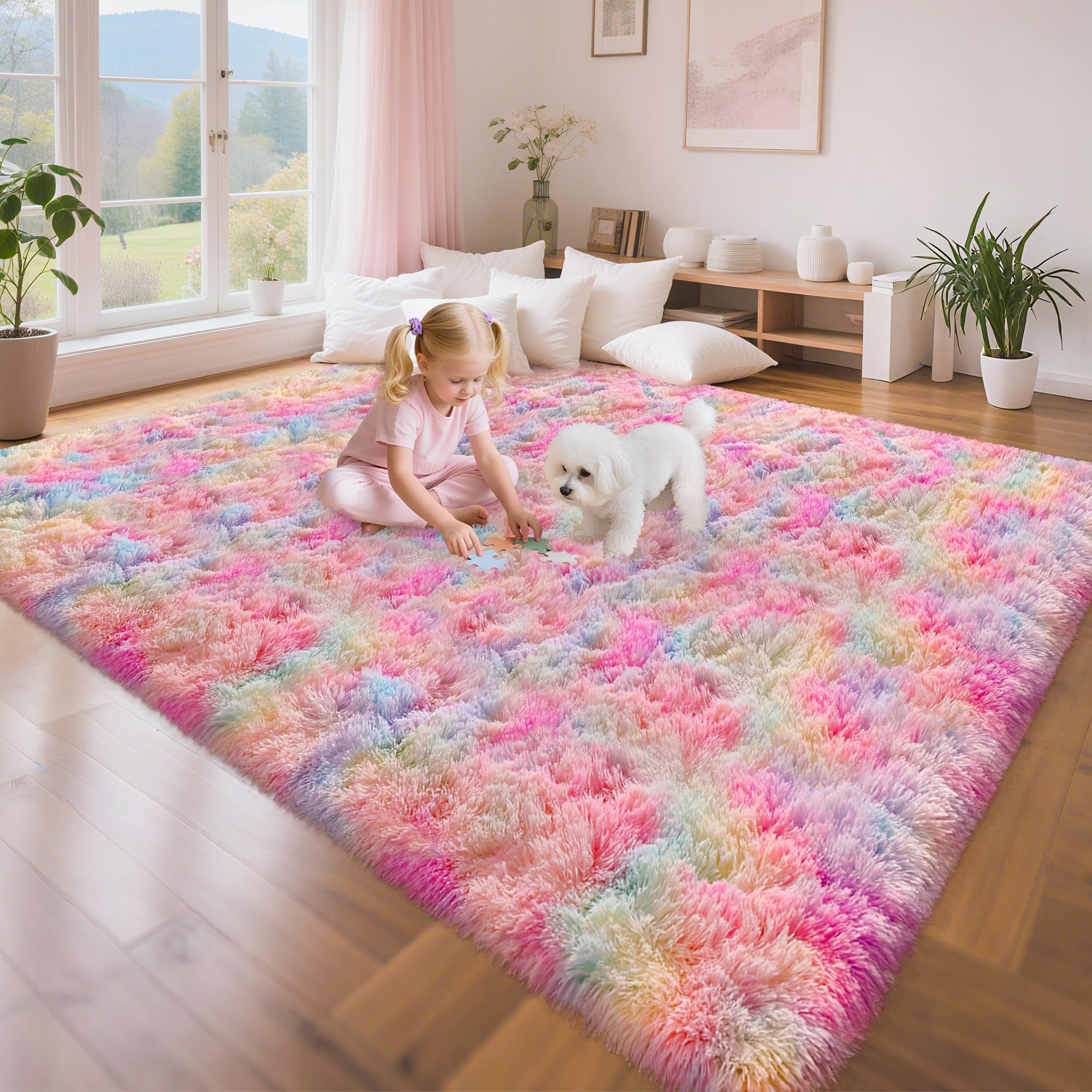 TENNOLA Cute Unicorn Rug for Girls Bedroom, 6x9 Plush Fluffy Princess Rainbow Area Rug for Girls Room Soft Big Shag Carpet for Living Room Baby Toddler Kids Room Colorful Kawaii Room Decor