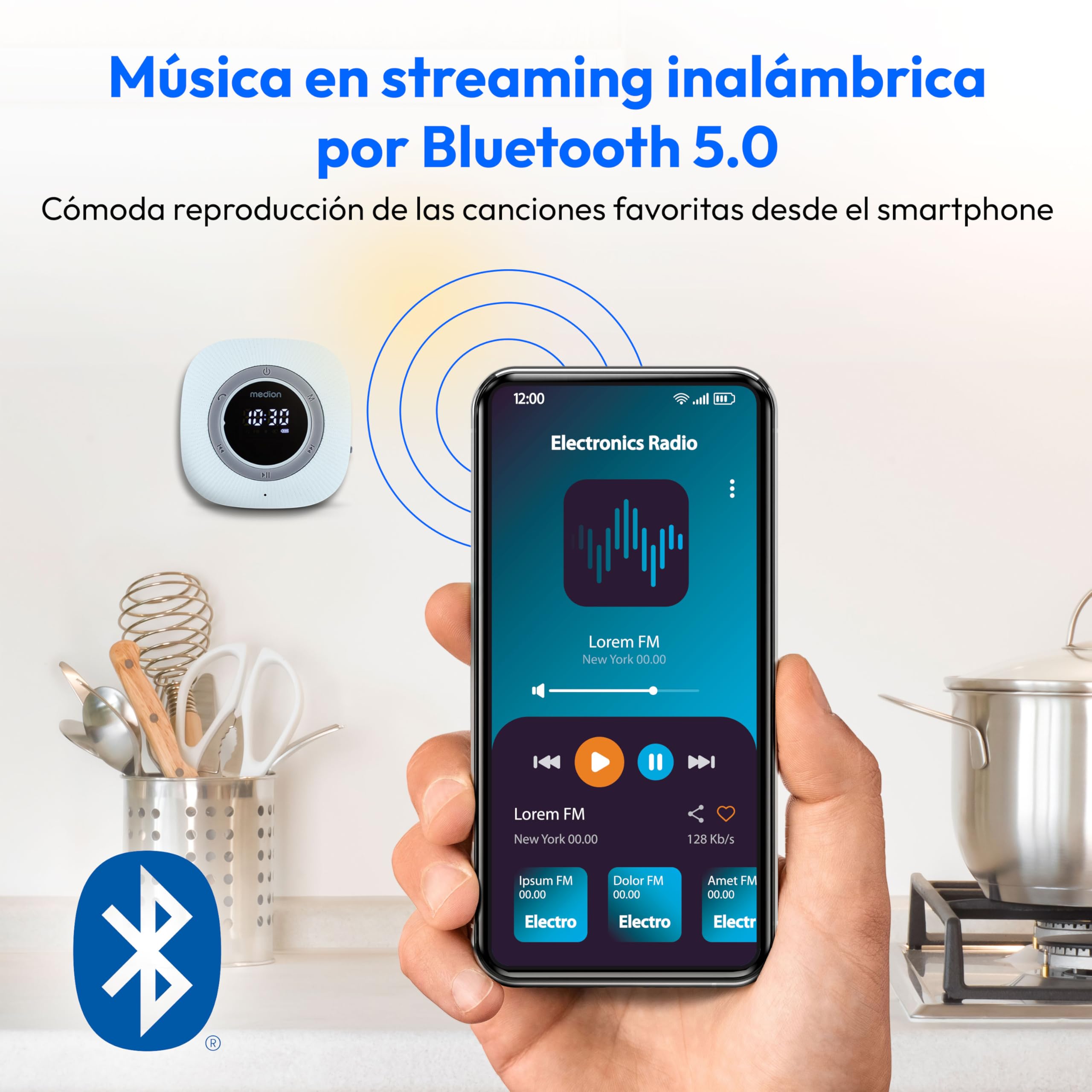 MEDION P66096 Radio de Ducha con Bluetooth (Radio de baño, Radio FM, Ventosa, Pantalla LED, Impermeable IPX6, batería Recargable integrada, MD43884) Azul
