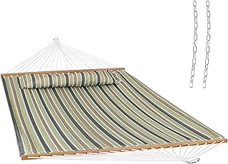 Sunnydaze Quilted Outdoor Hammock with Spreader Bars - Heavy-Duty 450-Pound Capacity Double Hammock for Outside - Khaki Stripe