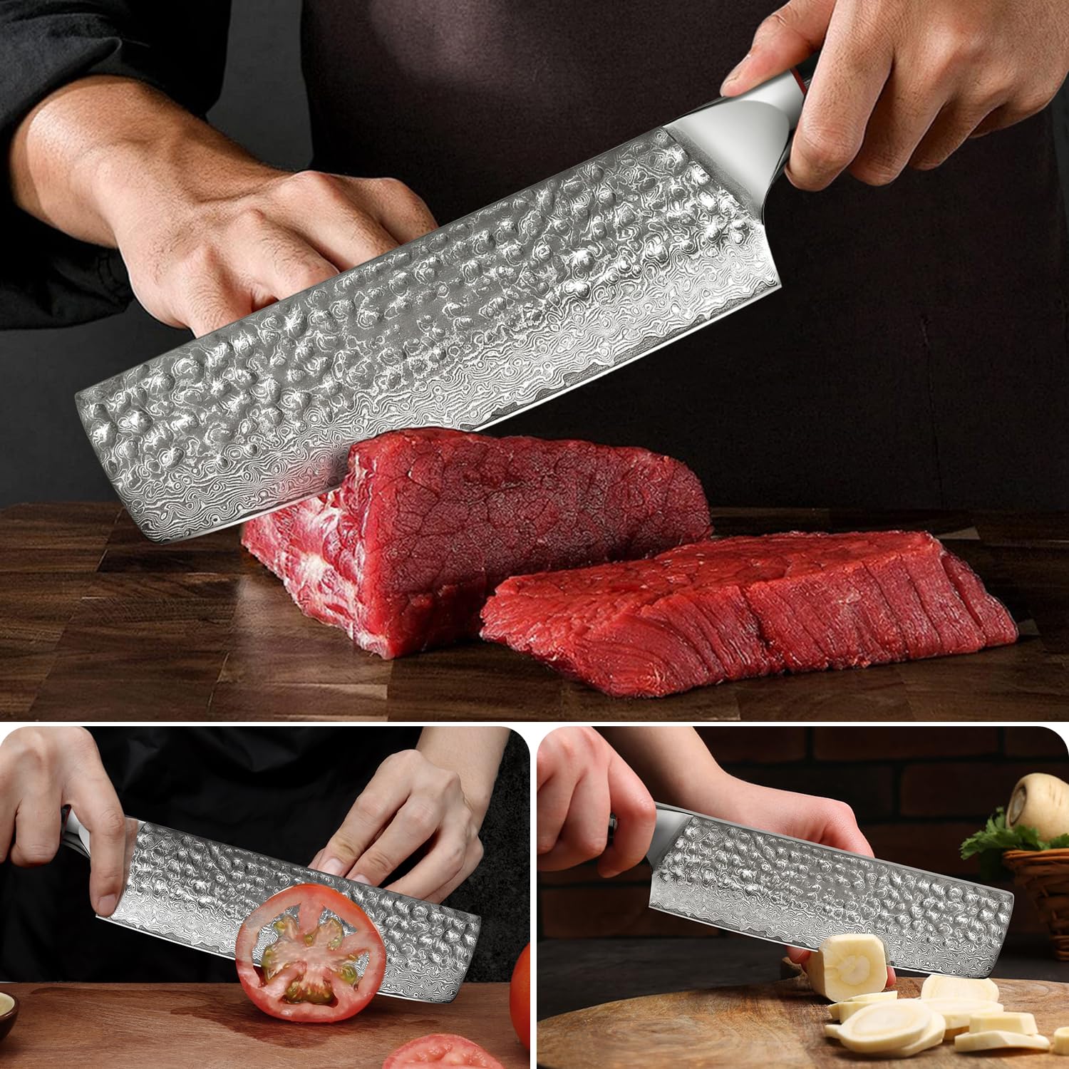Home Safety Mannaia Cinese Damasco 17,4 cm 67 Strato VG-10 Acciaio di Damasco, Coltello Professionale per Carne con Impugnatura Ergonomica