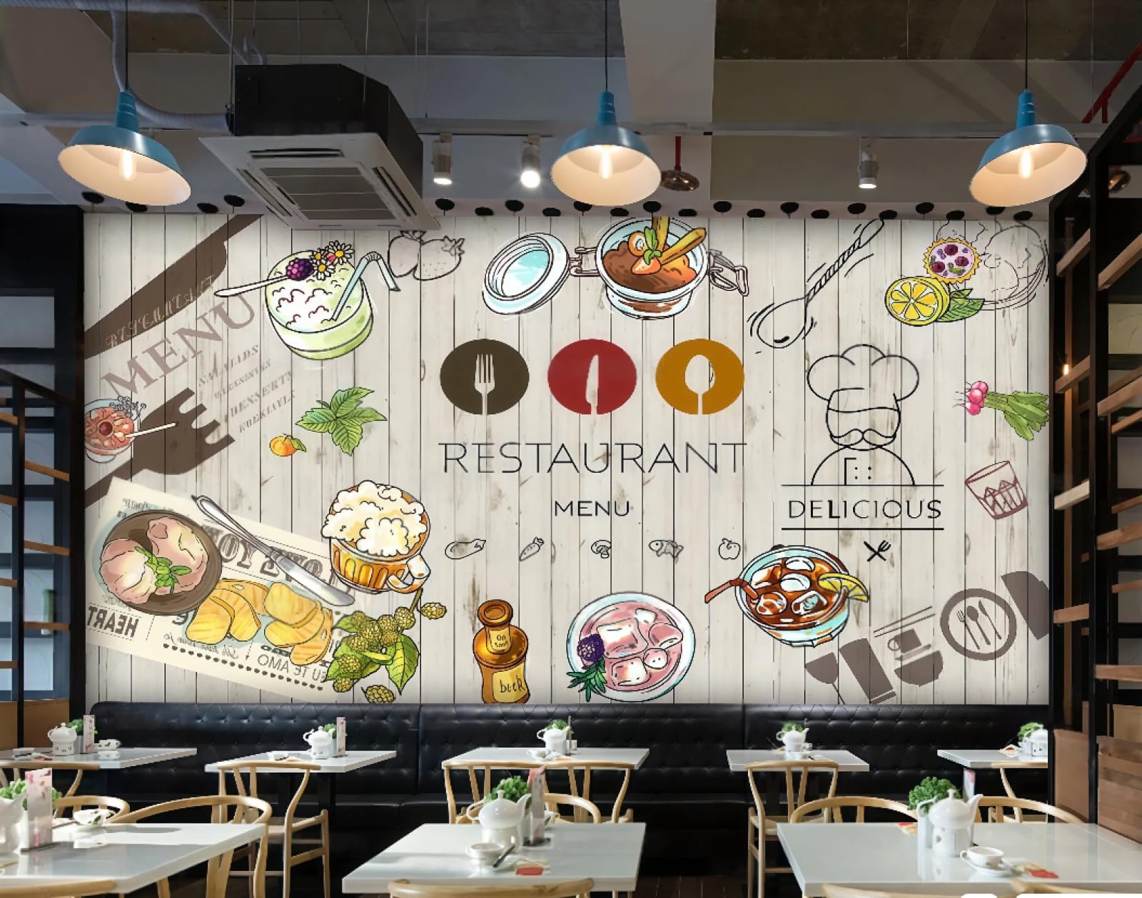 Xdoubao 3D Wallpaper Board Hand-Painted Delicious Cuisine Snacks Desserts Cold Drink Shop Afternoon Tea Western Restaurant Background Wall Wallpaper Coffee Shop Mural,,350X245cm