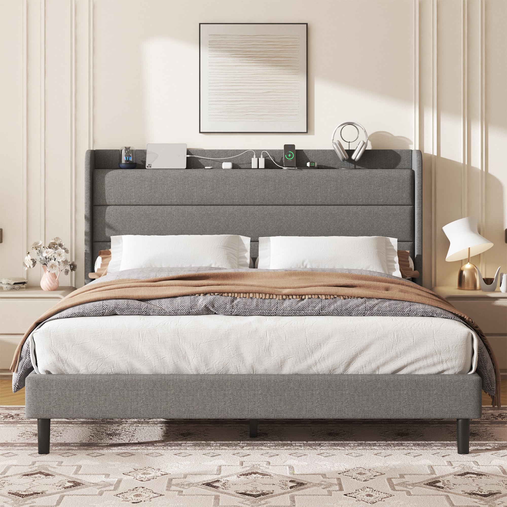 Photo 1 of King Linen Multifunctional Bed with Charging Station & Storage Headboard