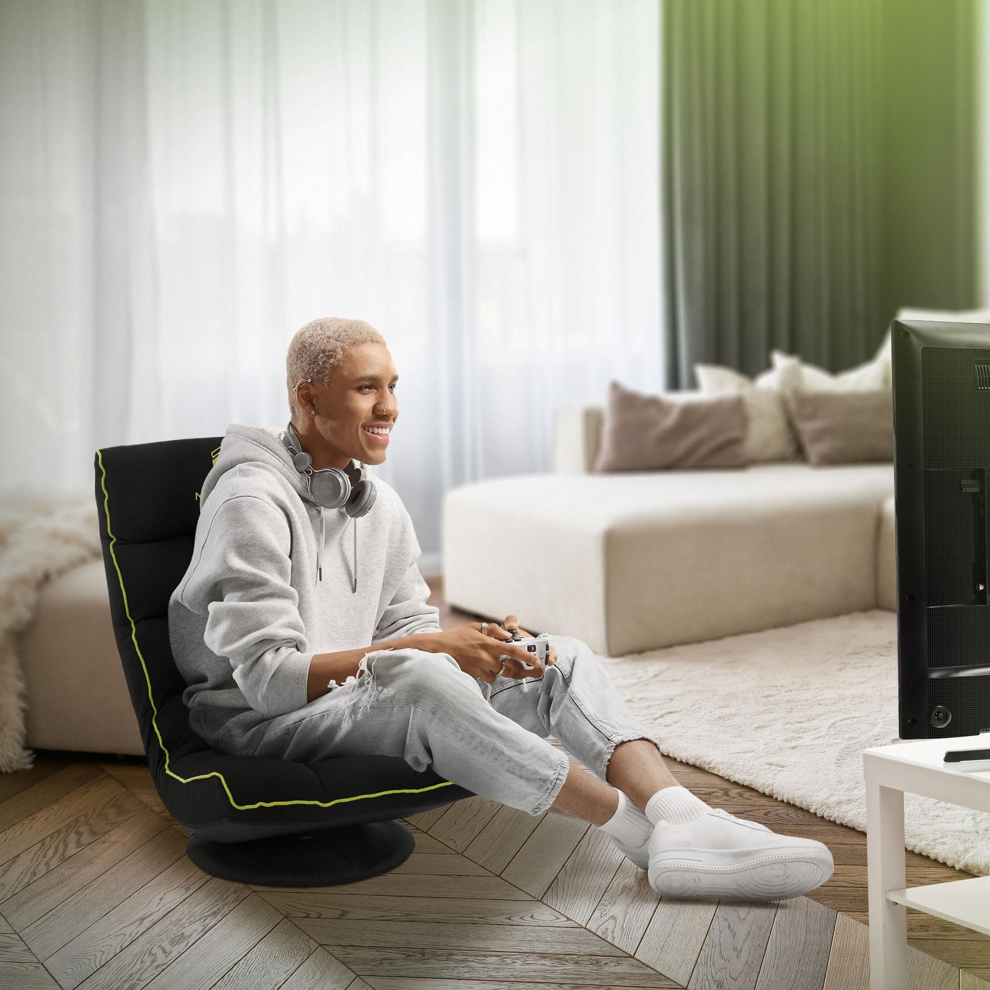 ML-Design Fauteuil de Sol Gaming Noir-Vert, Pivotant 360°, Modèle de Jeu Pliable avec Appui-Tête, Dossier Réglable et Rembourré, Siège Multi-Positions Relaxant, Confort pour Lounge Salon ou Chambre