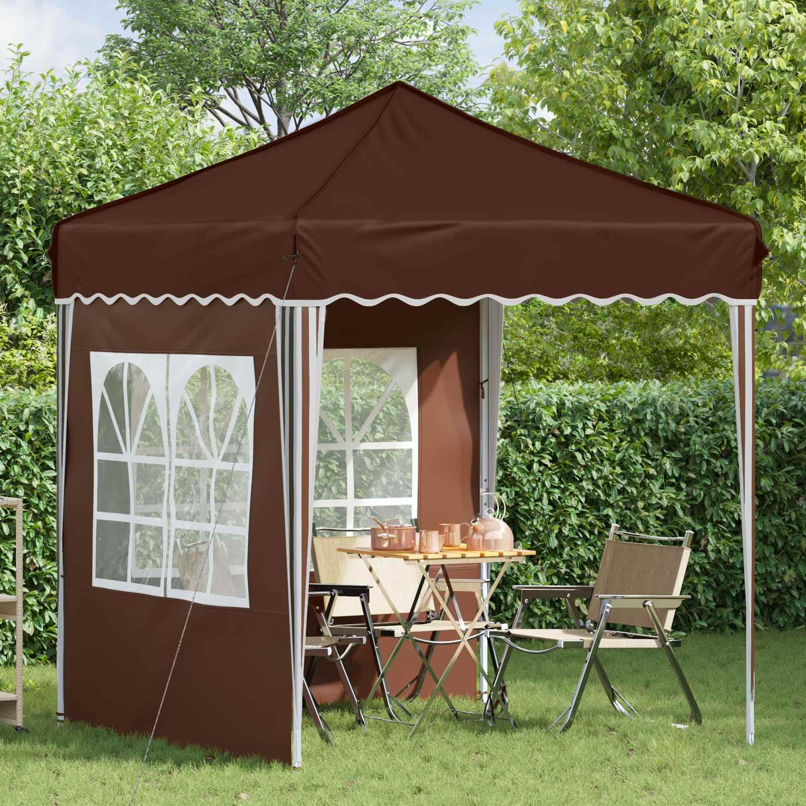 Namiot imprezowy Pop-up, brązowy, z tkaniny Oxford, 195 x 195 x 245 cm, z ochroną UV, odporną na warunki atmosferyczne metalową ramą, 2 ściany boczne do ogrodu, na grill, wesele, kemping