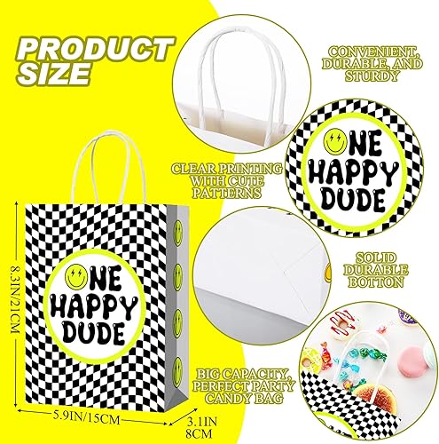 Miniatura 3 de Yeaqee 24 bolsas de recuerdo de fiesta de Happy Dude con asa, decoración de fiesta de primer cumpleaños, bolsa de regalo de cara sonriente de papel,